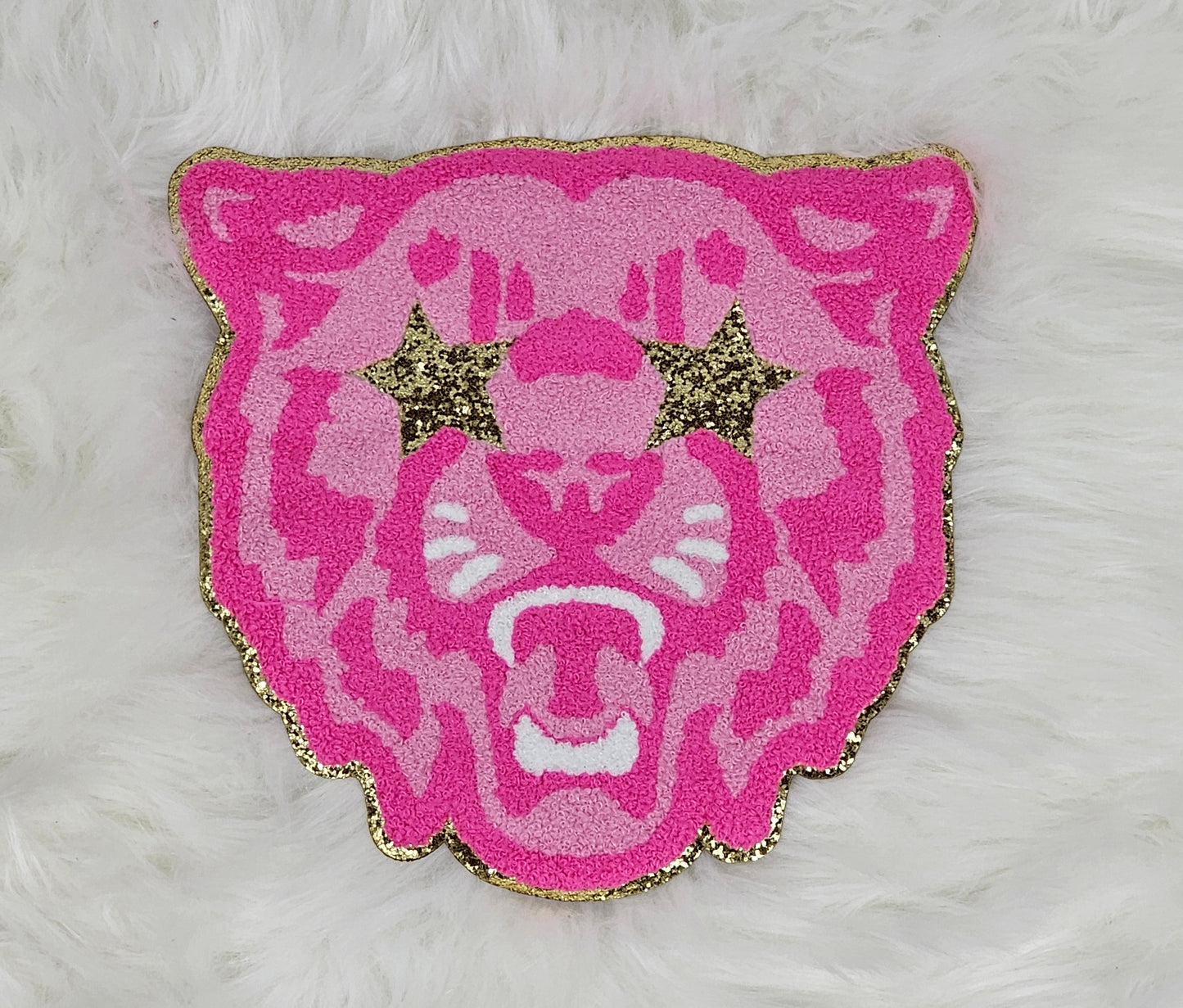 Hot Pink Wildcat Cougar Bobcat Mascot with Star Eyes Large Chenille Iron-on Patch
