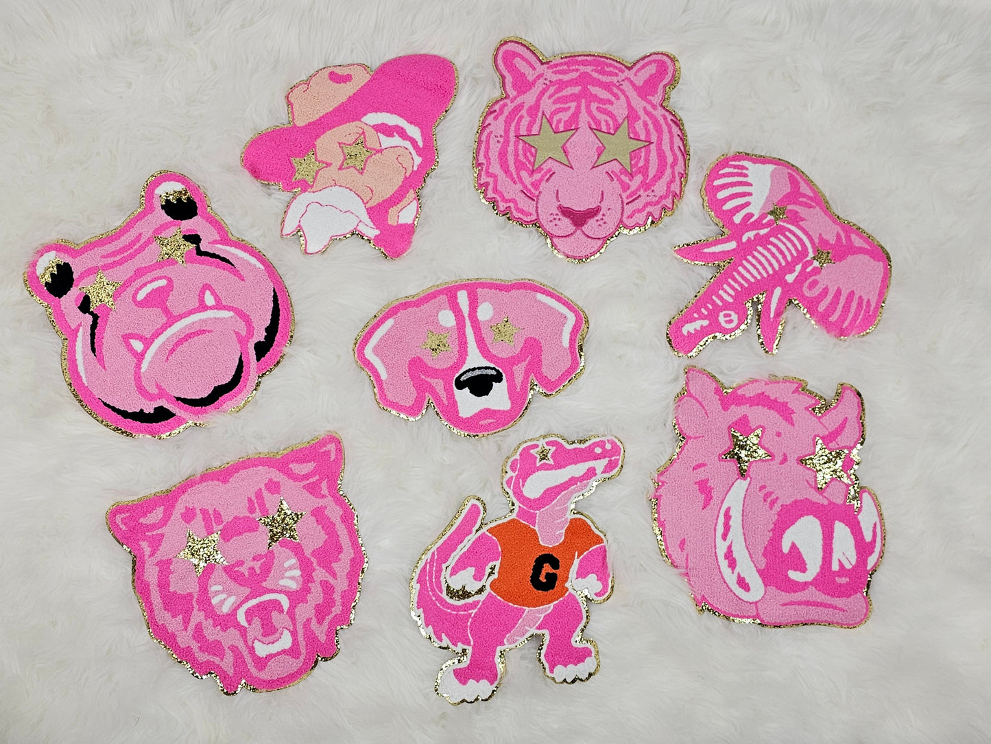Hot Pink Elephant Mascot with Star Eyes Large Chenille Iron-on Patch