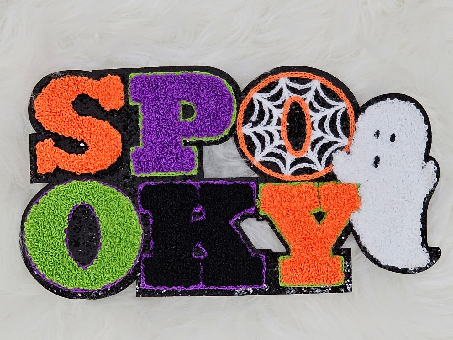 Large Spooky Ghost with Black Glitter Iron On Patch