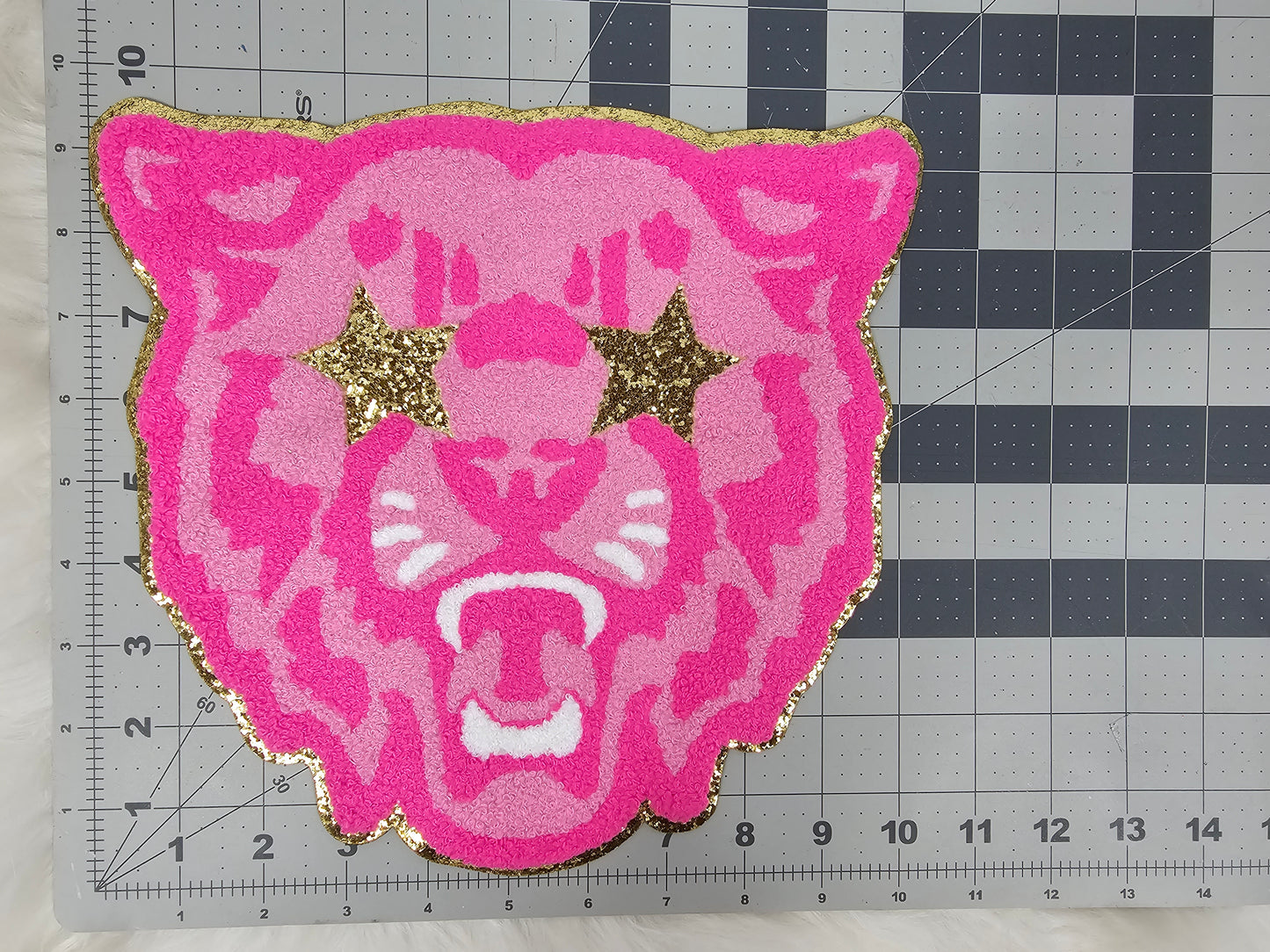 Hot Pink Wildcat Cougar Bobcat Mascot with Star Eyes Large Chenille Iron-on Patch