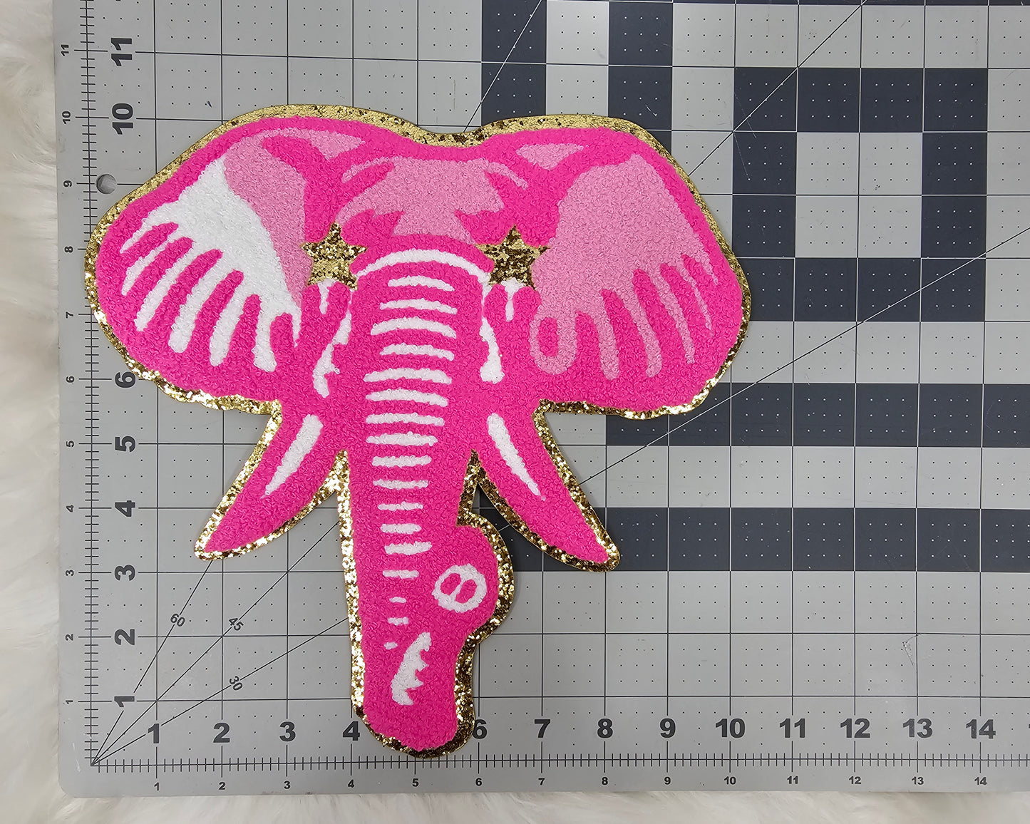 Hot Pink Elephant Mascot with Star Eyes Large Chenille Iron-on Patch