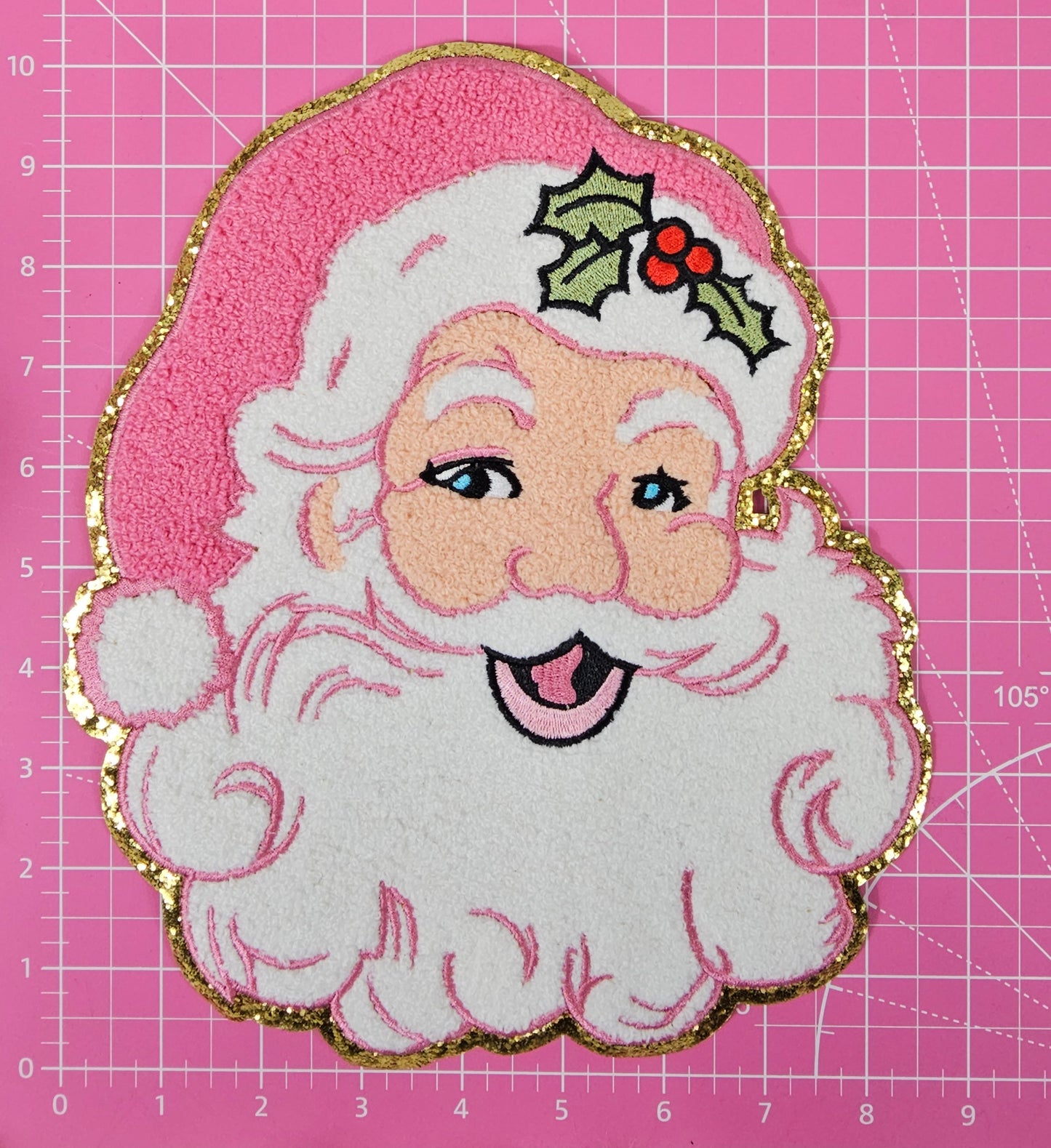 Light Pink Santa with Wreath Pink Hat Large Chenille Iron-on Patch