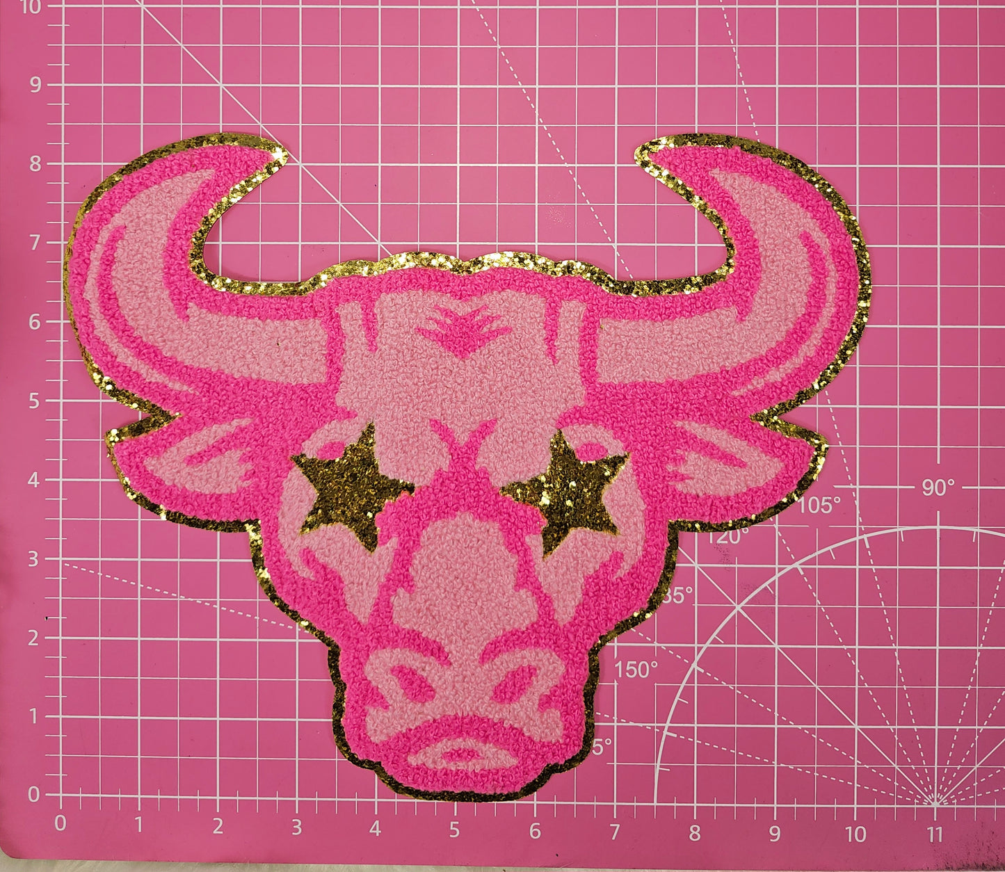 Longhorn Bull Rodeo Cow Mascot Hot Pink Chenille Iron-on Patch