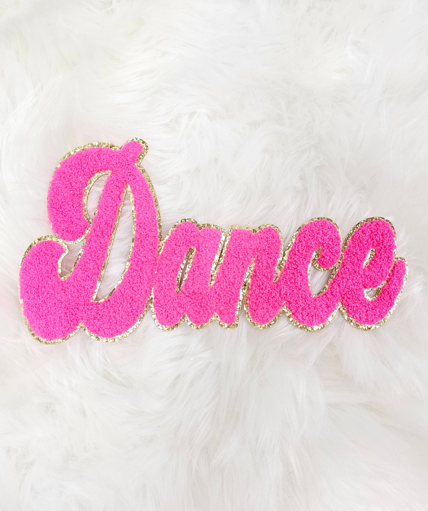 Large Cursive Dance Chenille Gold Glitter Iron-on Patch