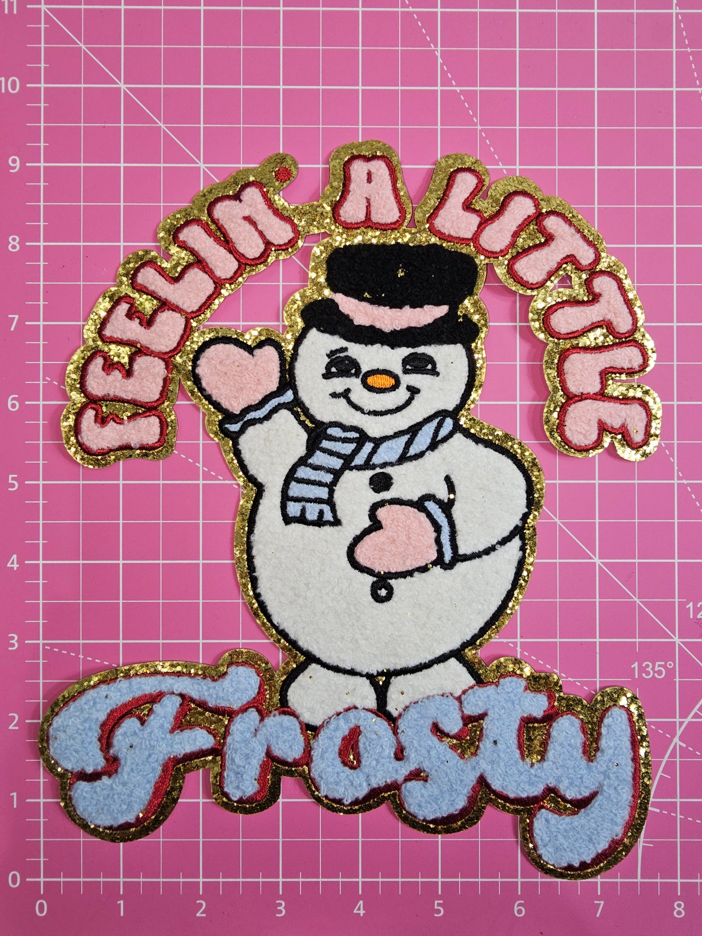Feelin' A Little Frosty Snowman on Gold Glitter Chenille Iron-on Patch