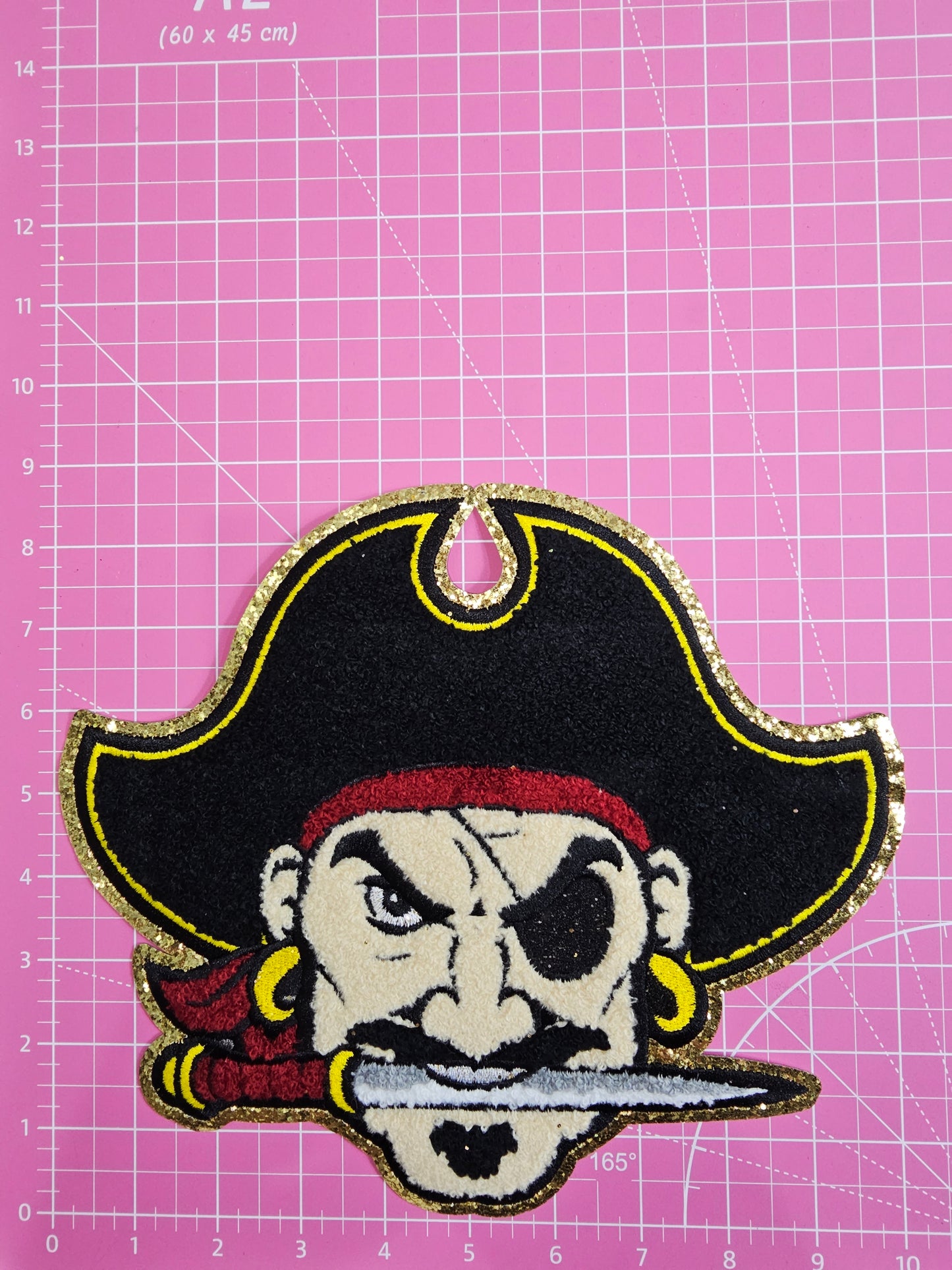 Pirate Captain Mascot on Gold Glitter Chenille Iron-on Patch