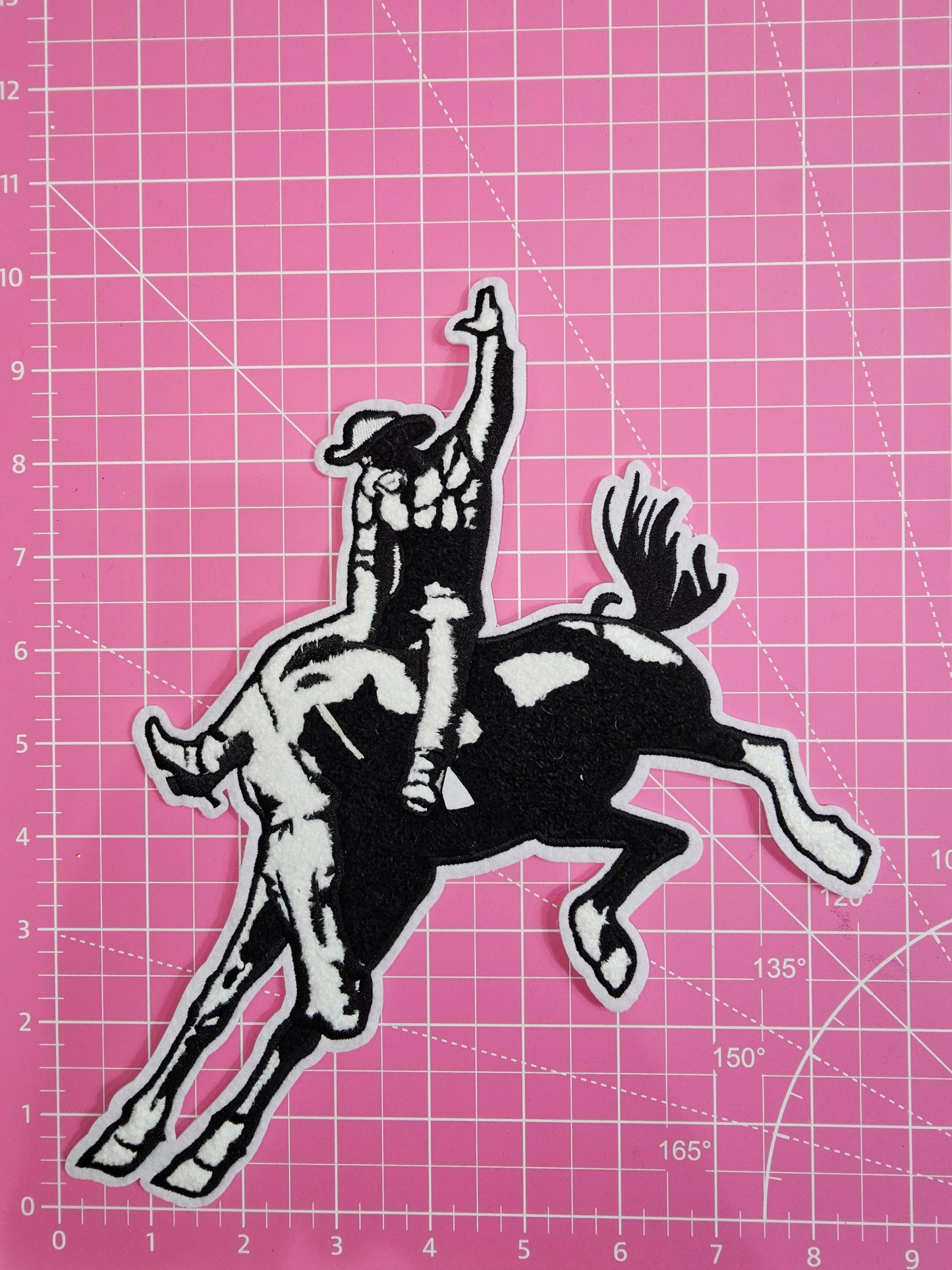 Bronc Rider Rodeo Horse Cowboy Mascot on White Soft Felt Chenille Iron-on Patch