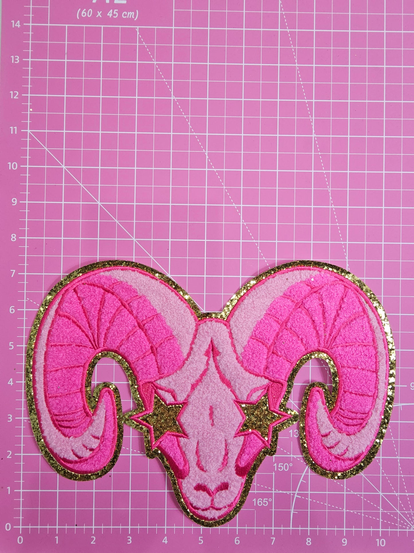 Hot Pink Skull Horns Ram Big Horn Sheep Goat Mascot on Gold Glitter Chenille Iron-on Patch