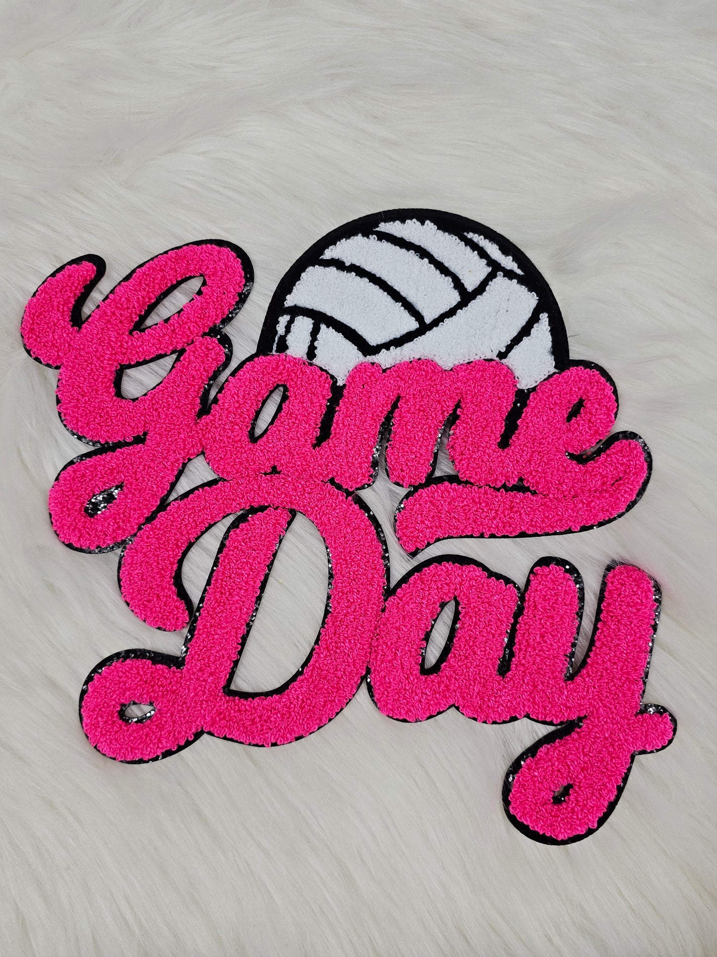Hot Pink Game Day Volleyball Chenille Iron-on Black Glitter Patch