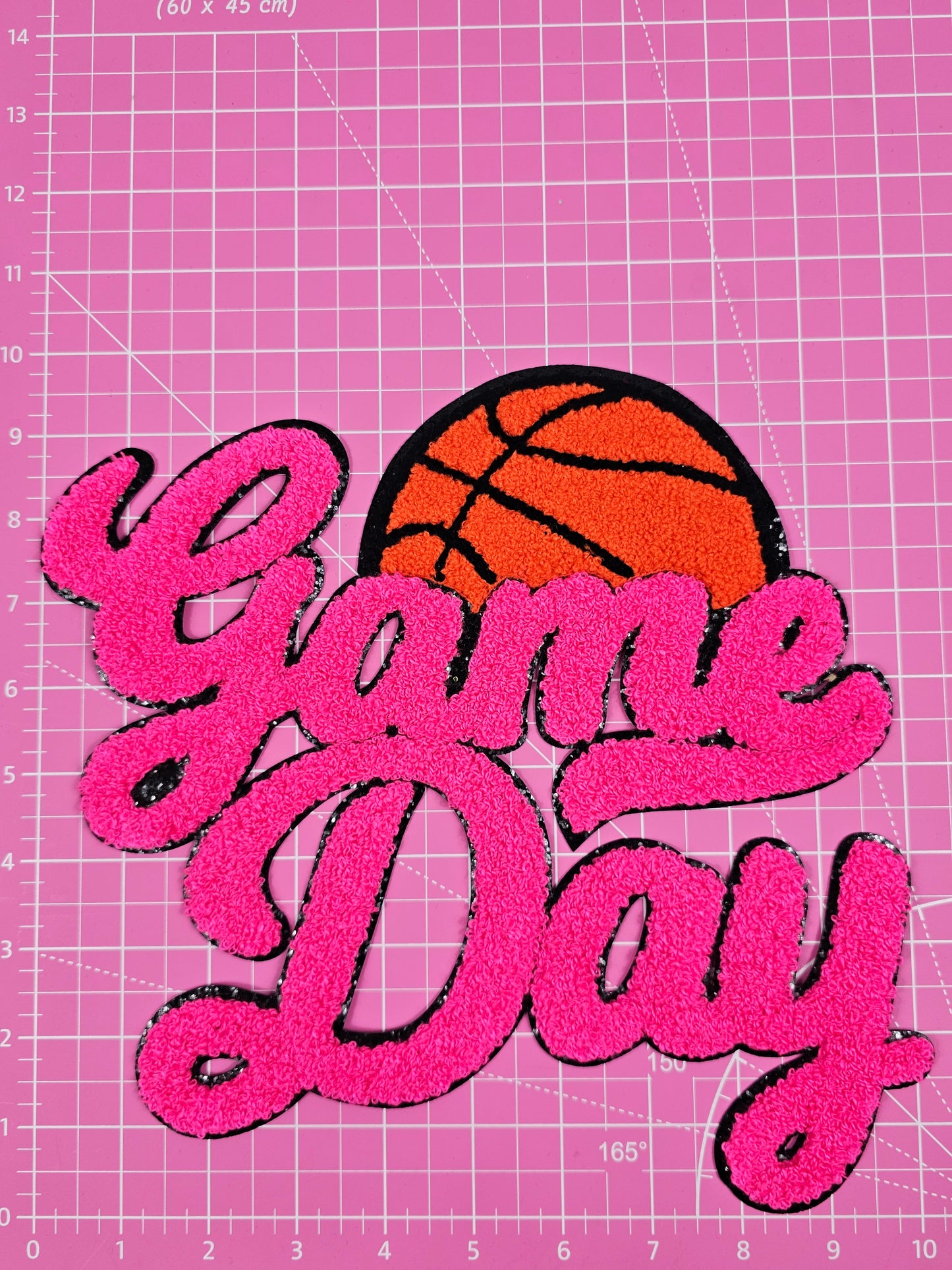Hot Pink Game Day Basketball Chenille Iron-on Black Glitter Patch