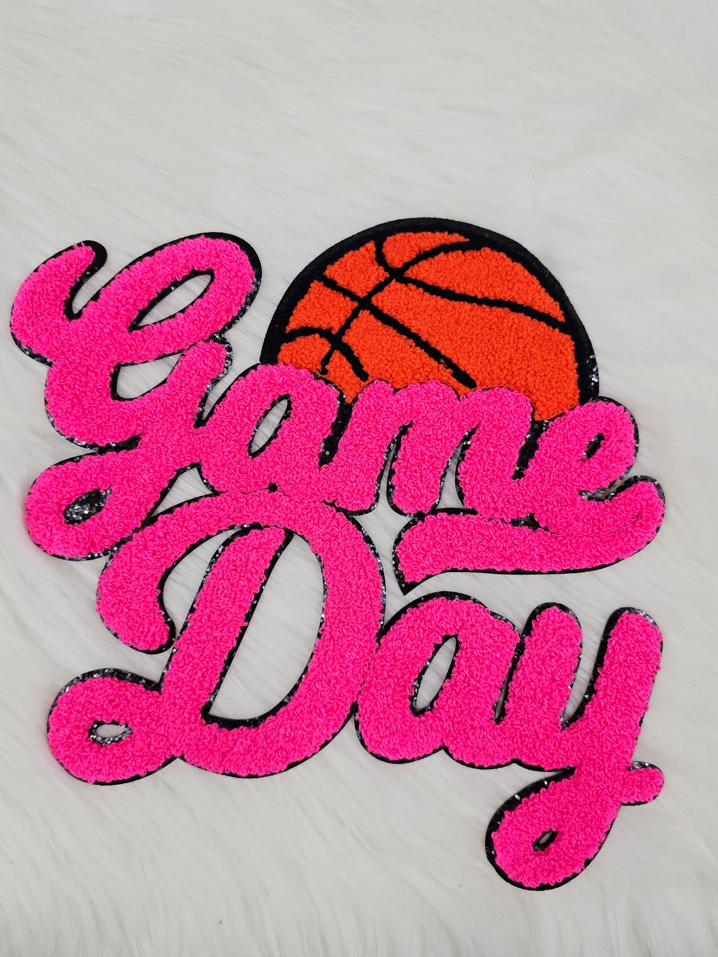 Hot Pink Game Day Basketball Chenille Iron-on Black Glitter Patch