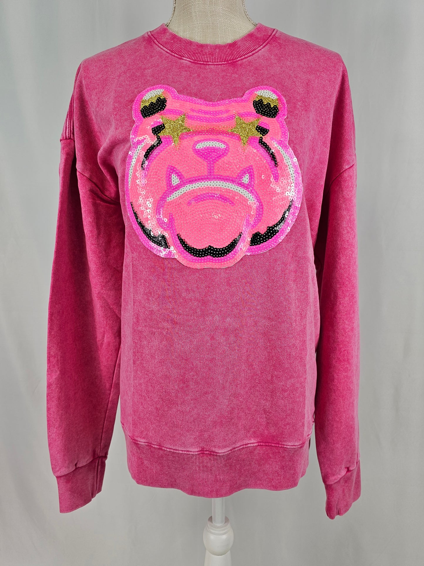 Hot Pink Bulldog Mascot Sequin on Acid Wash Crews by Pretty Preppy Co.