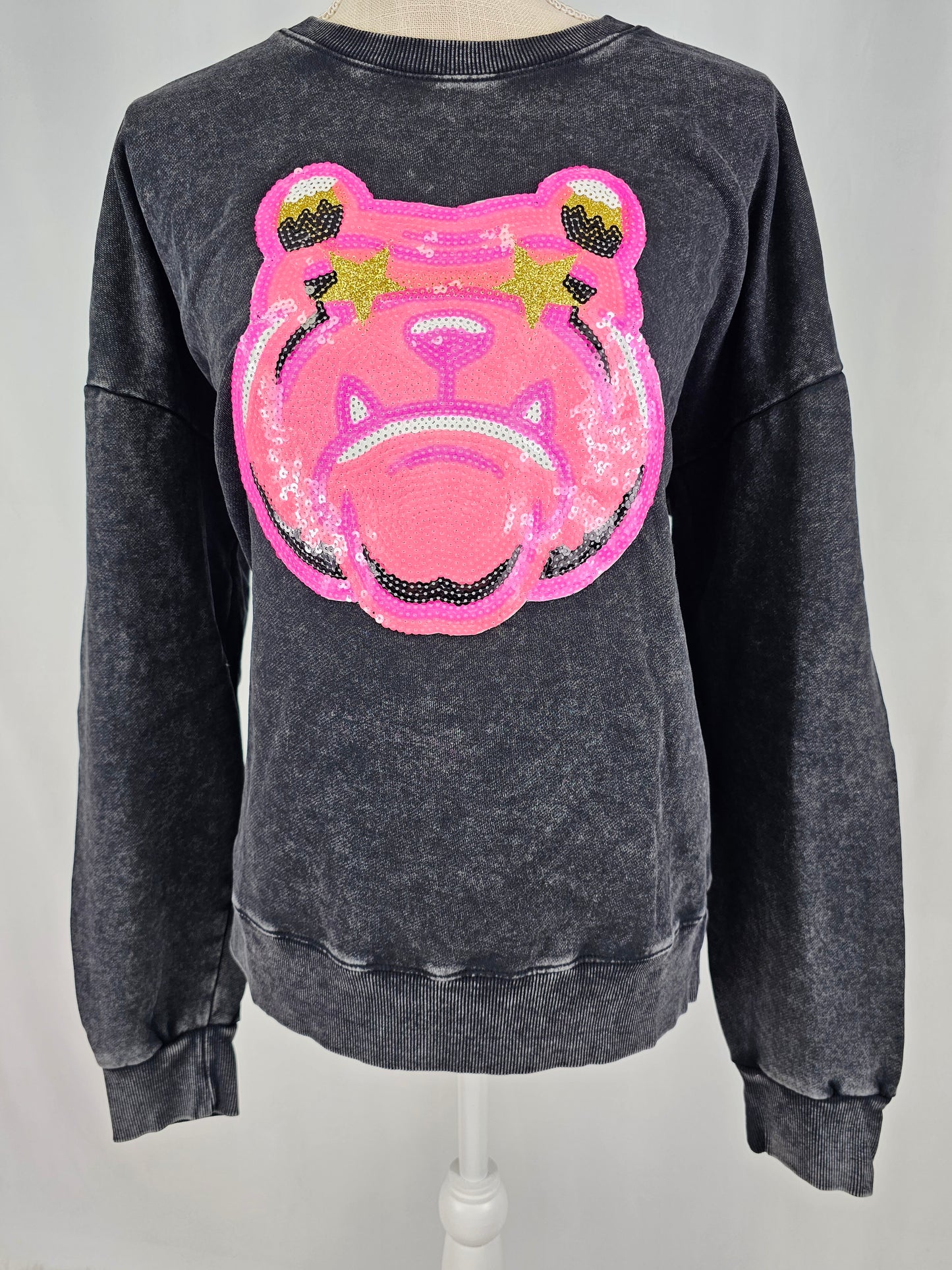 Hot Pink Bulldog Mascot Sequin on Acid Wash Crews by Pretty Preppy Co.