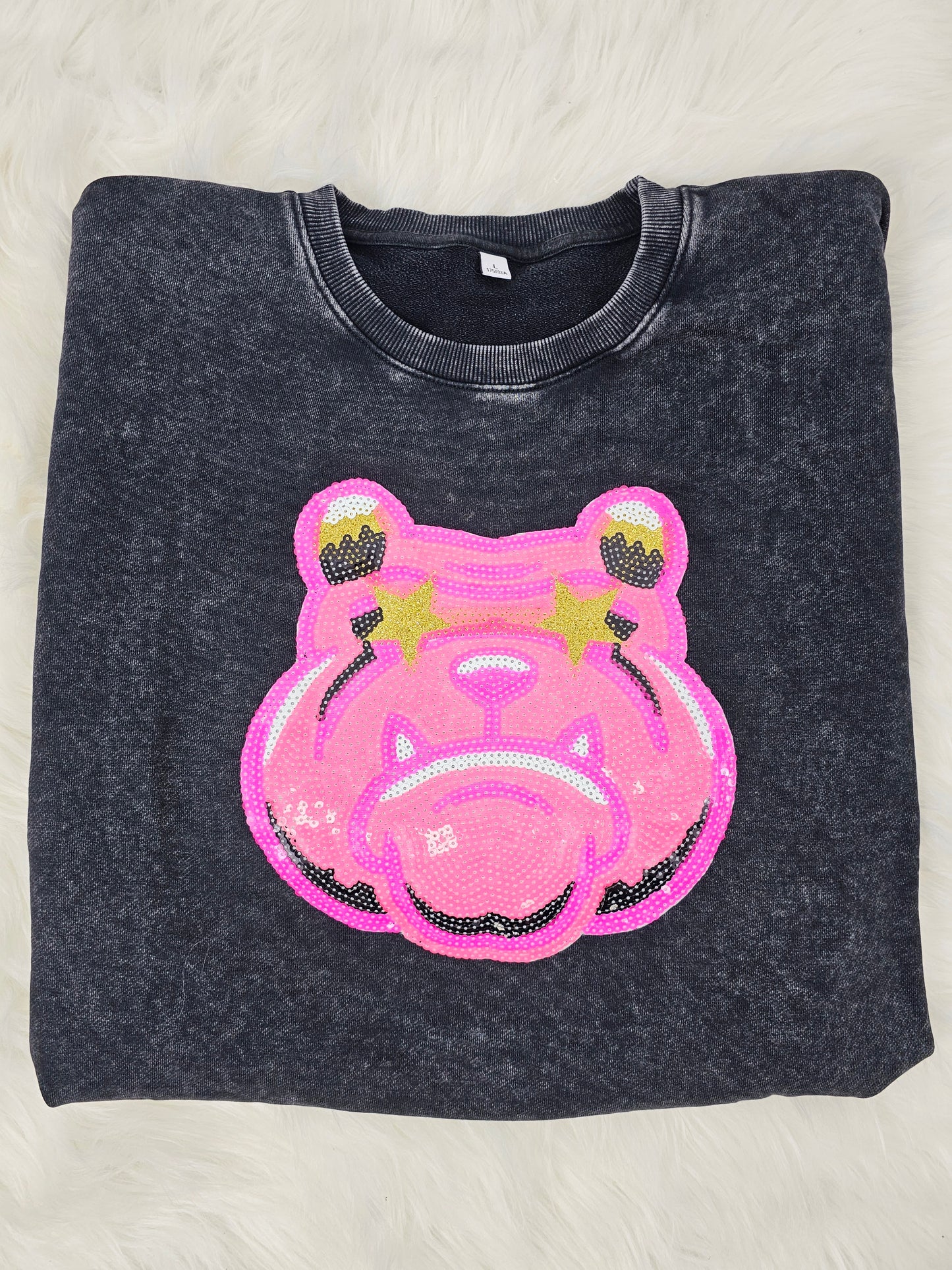 Hot Pink Bulldog Mascot Sequin on Acid Wash Crews by Pretty Preppy Co.