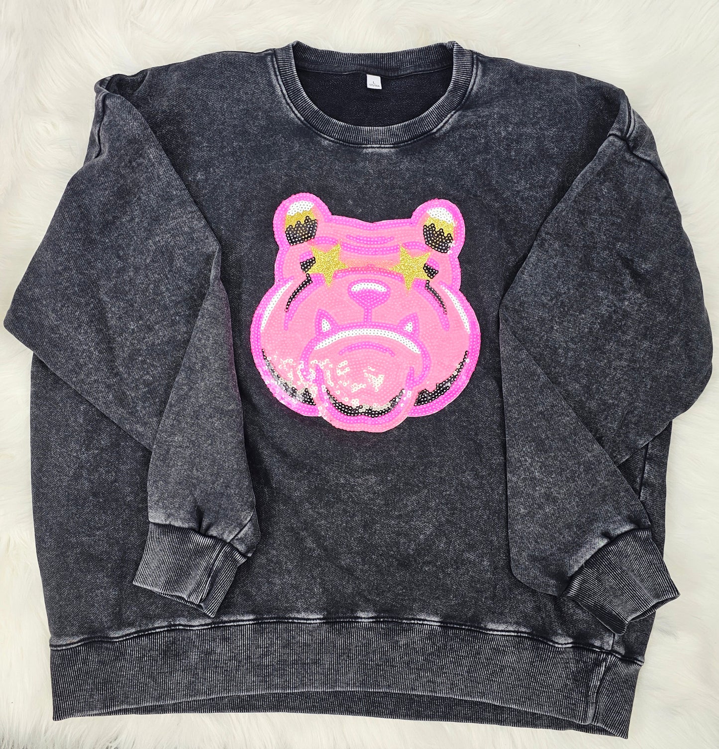 Hot Pink Bulldog Mascot Sequin on Acid Wash Crews by Pretty Preppy Co.