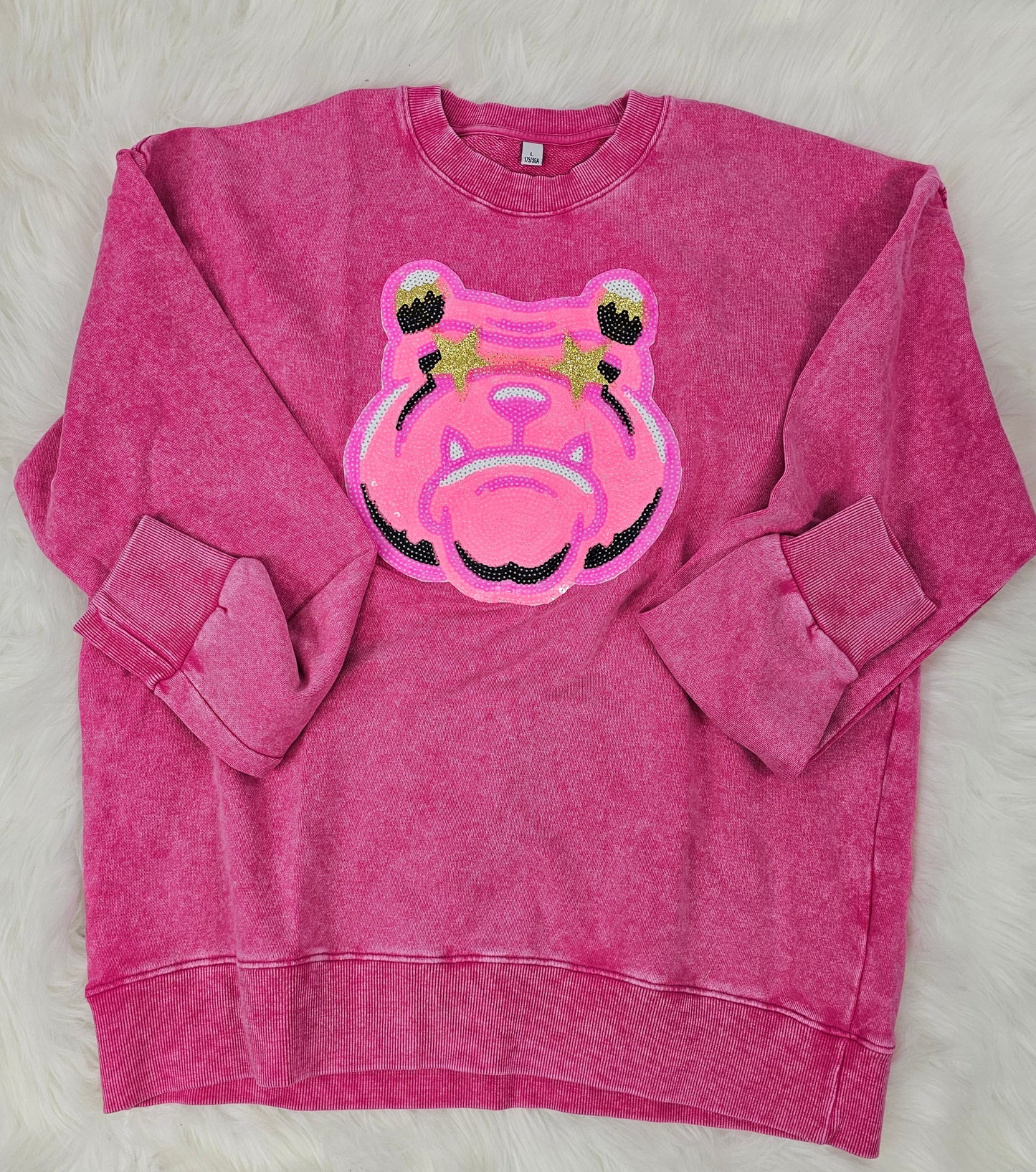 Hot Pink Bulldog Mascot Sequin on Acid Wash Crews by Pretty Preppy Co.