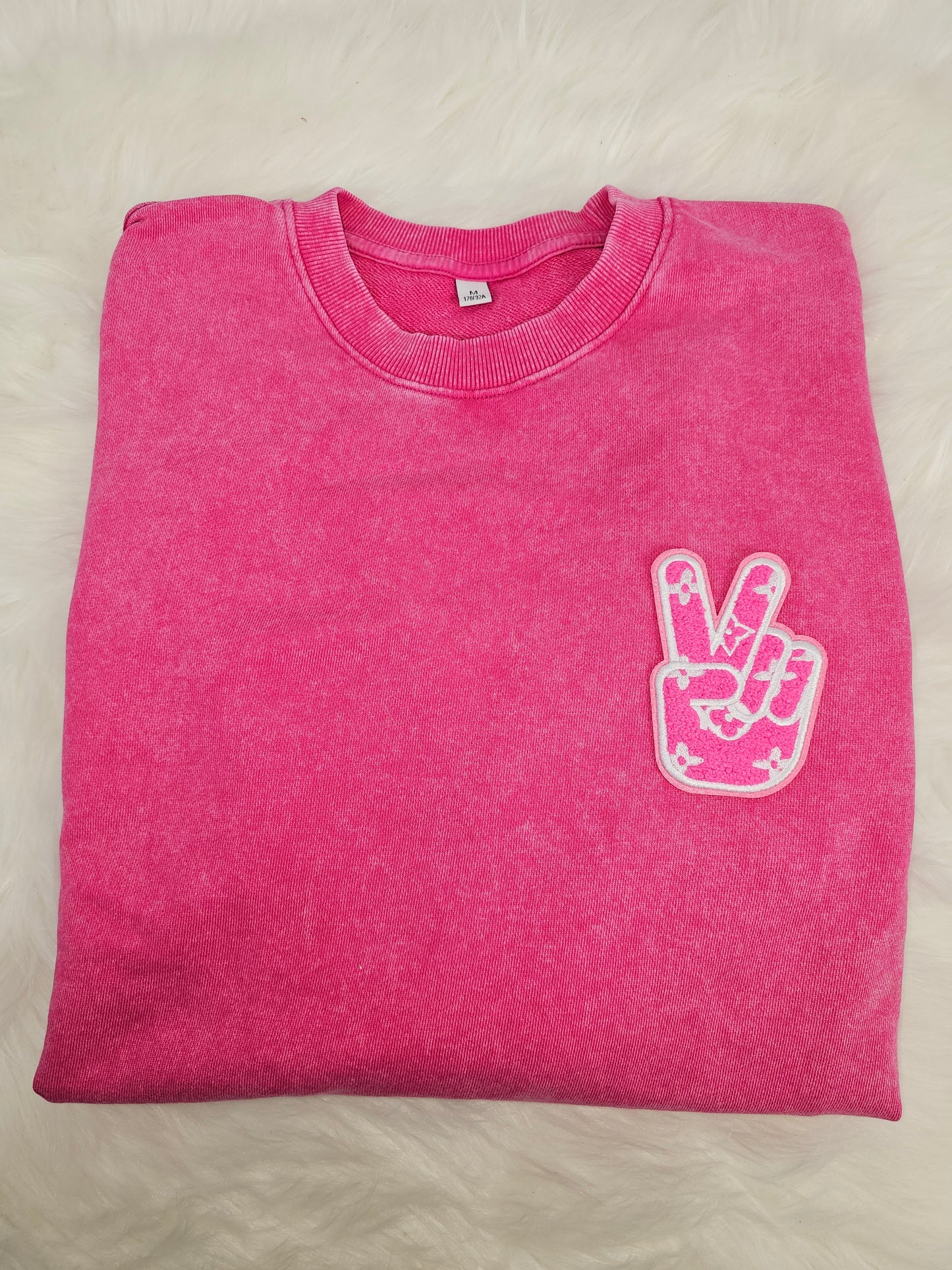 Hot Pink L V Preppy Peace Sign on Pink Felt Chenille Iron-on Patch