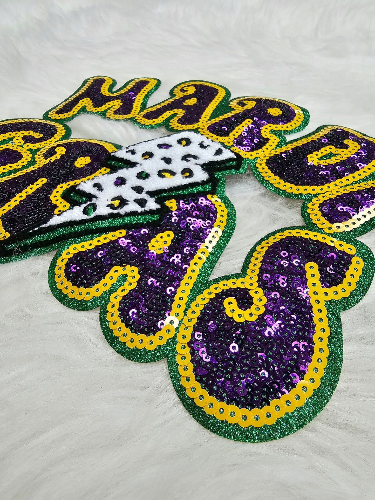 Large Mardi Gras Sequin and Chenille Combo Embroidery Iron On Gold Glitter Patch
