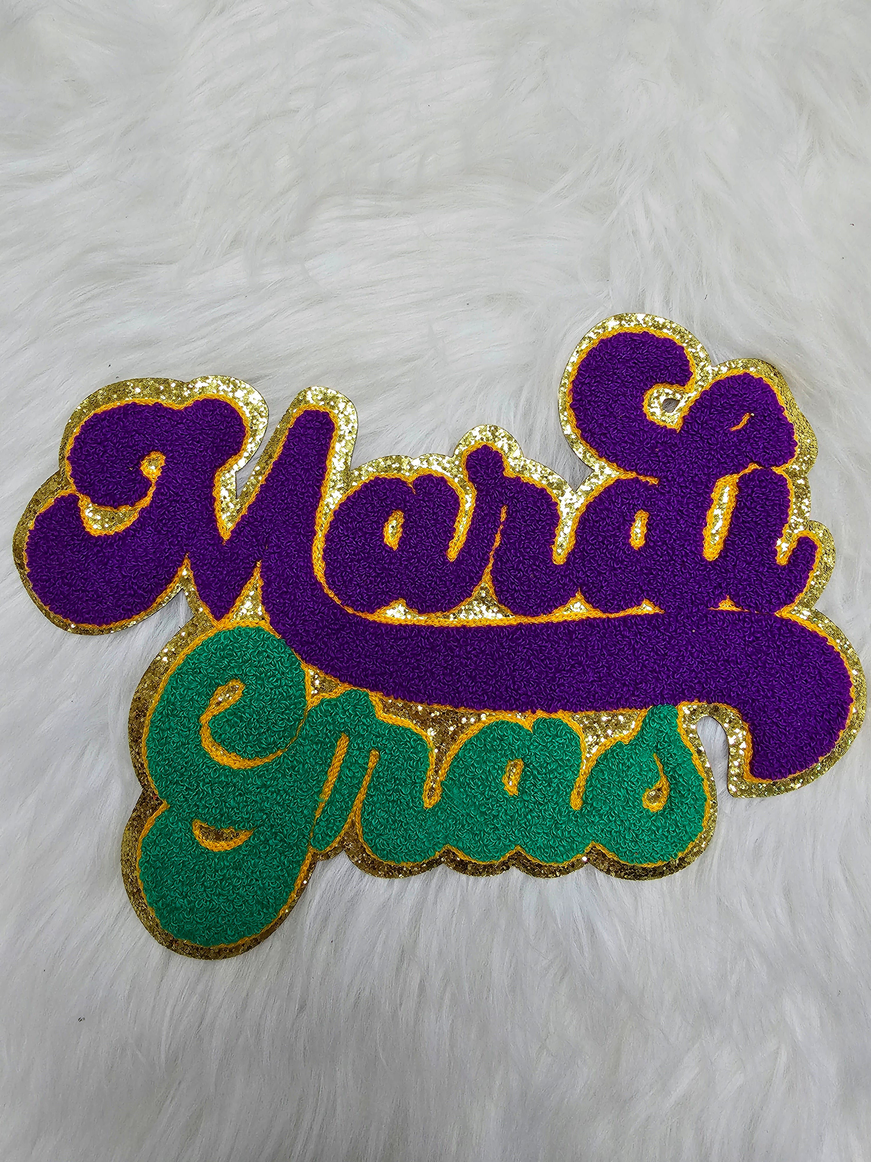 Purple Mardi Gras Mask Chenille Gold Glitter Iron On Patch