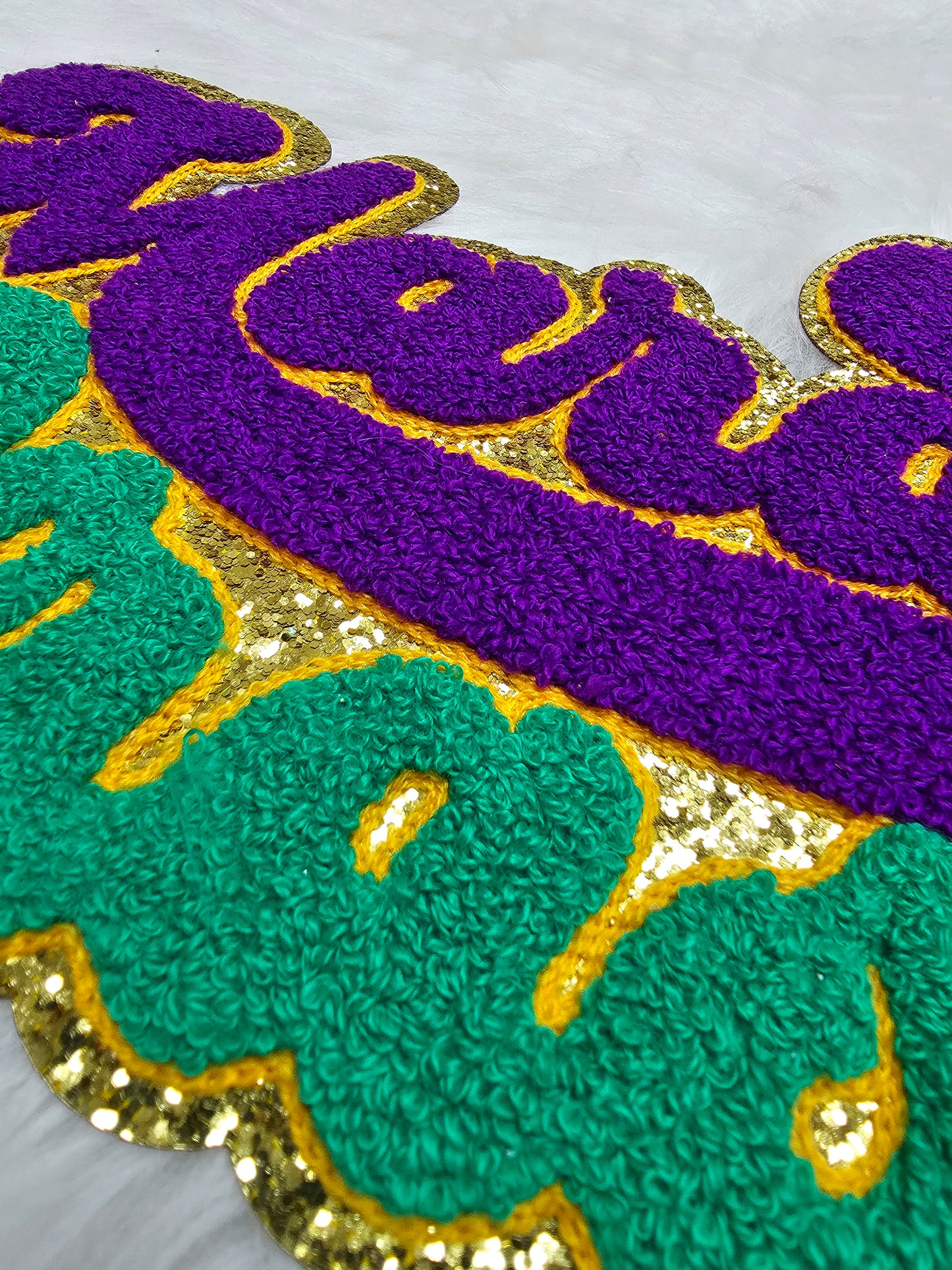 Large Mardi Gras Chenille Embroidery Iron On Gold Glitter Patch