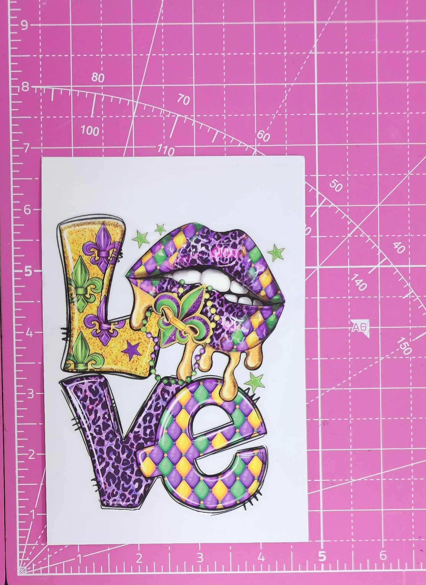 LOVE Mardi Gras Lips UV Transfer