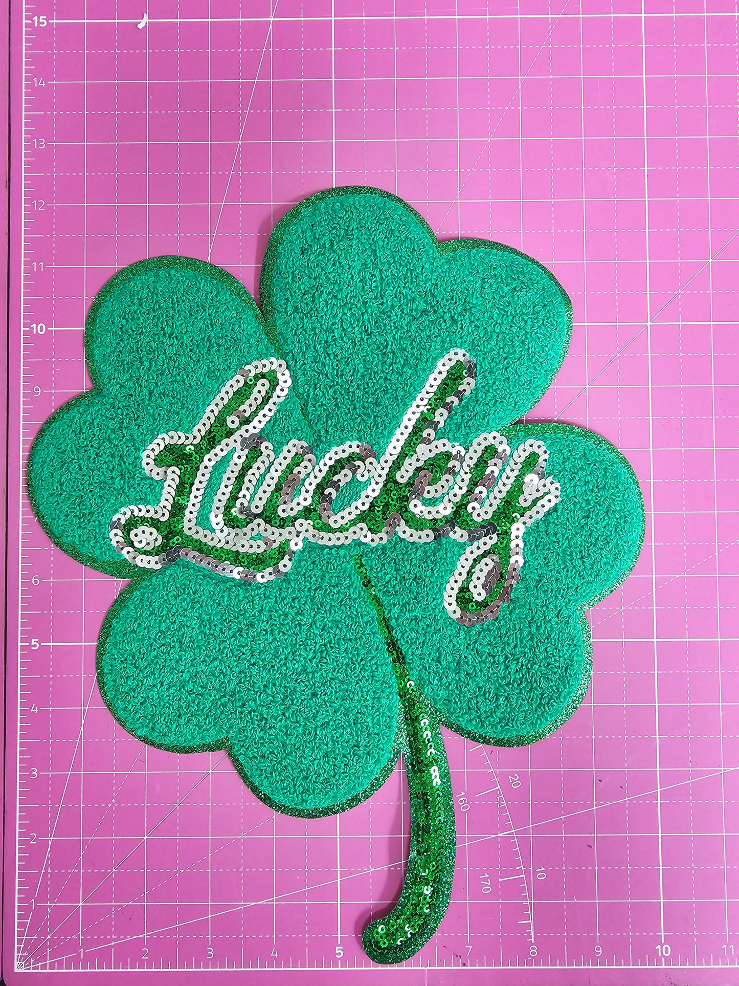 Lucky Clover Shamrock Chenille and Sequin Iron-on Patch