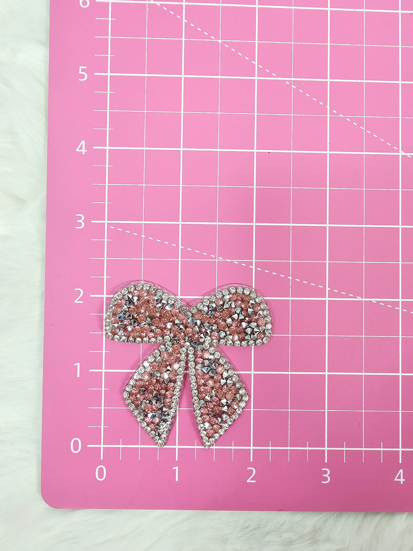 Small Bow with Silver Outline and Pink Rhinestone Iron-on Patch