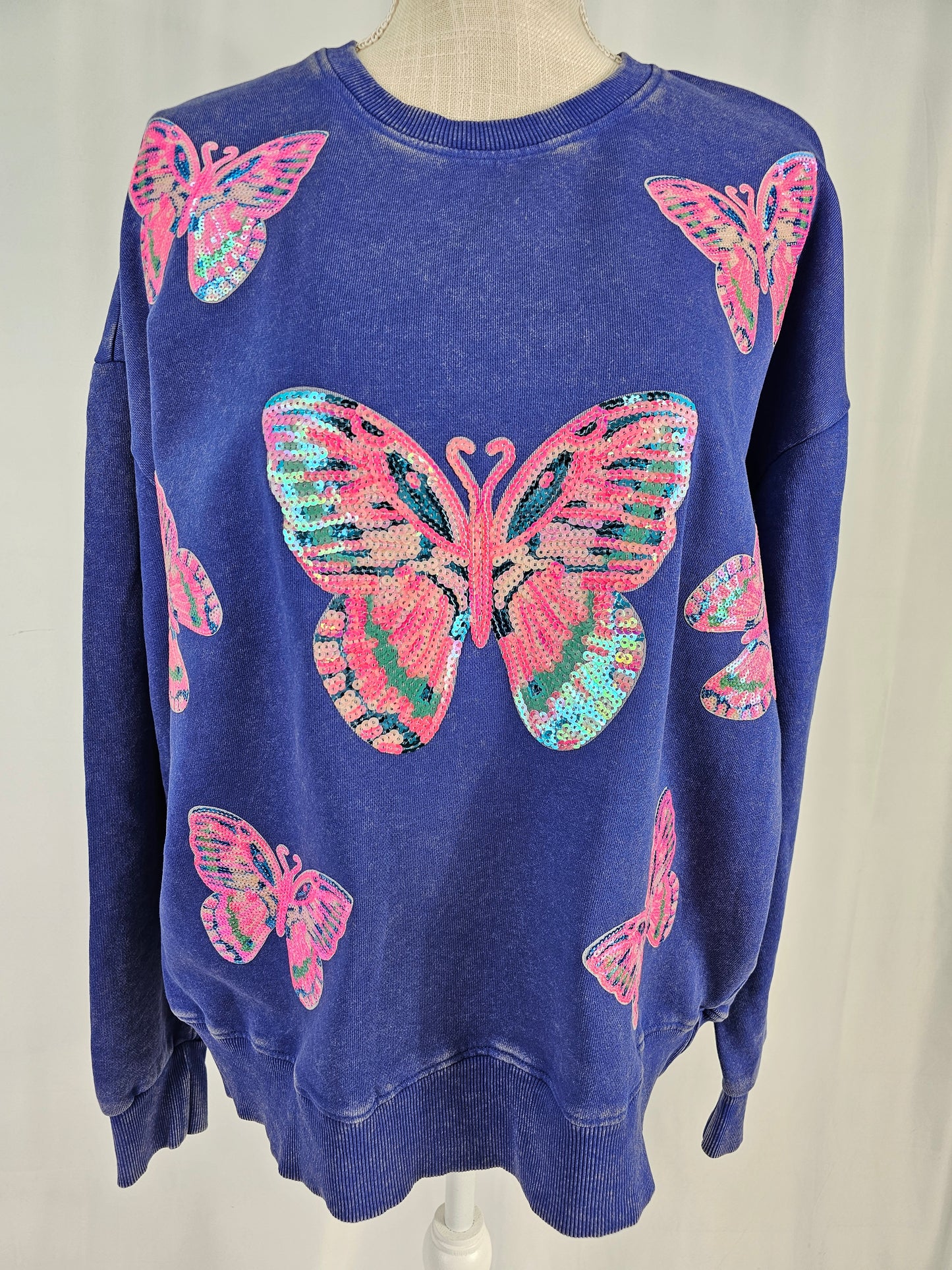 Butterfly Sequin Acid Wash Crew by Pretty Preppy Co.
