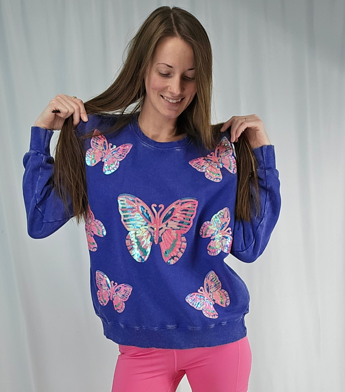 Butterfly Sequin Acid Wash Crew by Pretty Preppy Co.