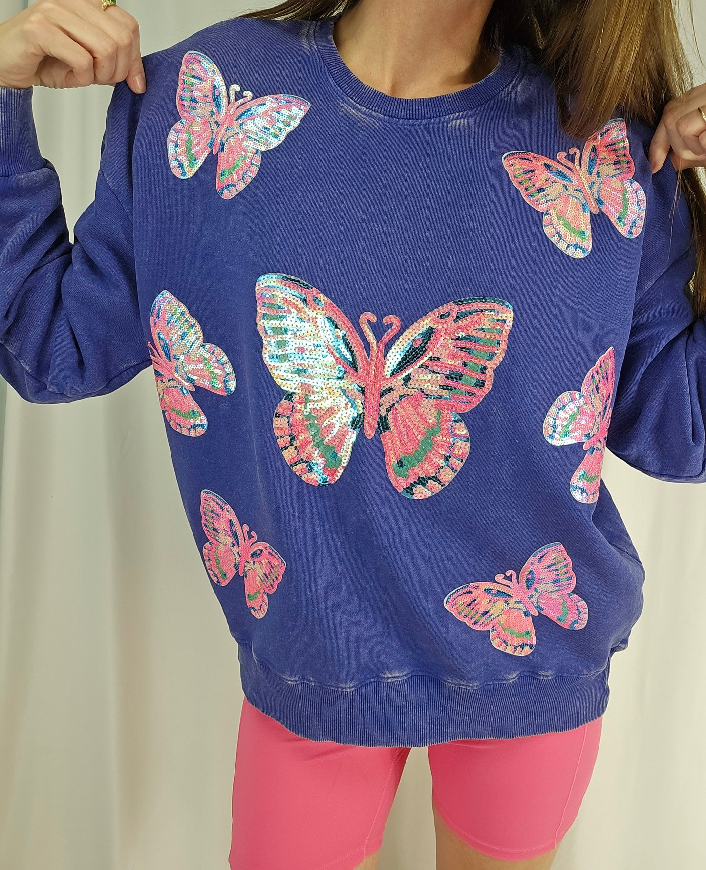 Butterfly Sequin Acid Wash Crew by Pretty Preppy Co.