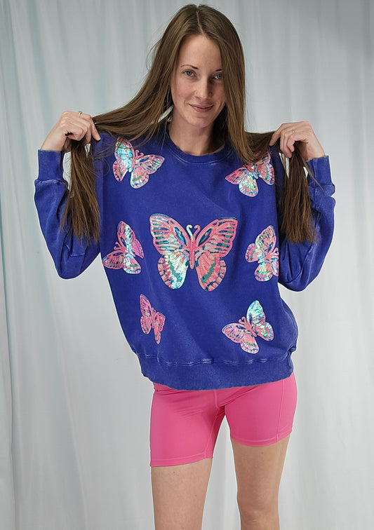Butterfly Sequin Acid Wash Crew by Pretty Preppy Co.