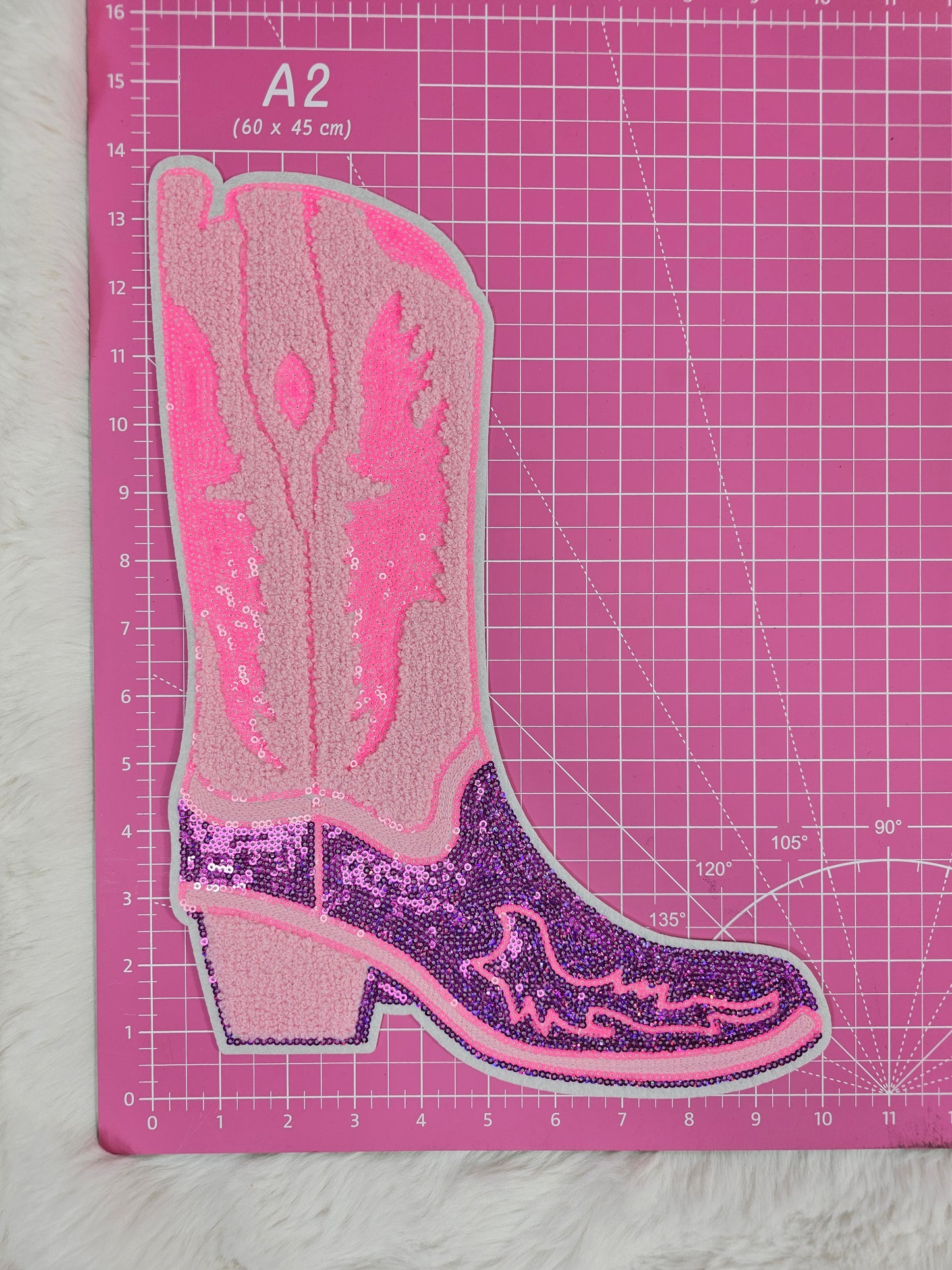 Cowgirl Boot Large Pink Chenille Purple & Hot Pink Sequin Iron-on Patch