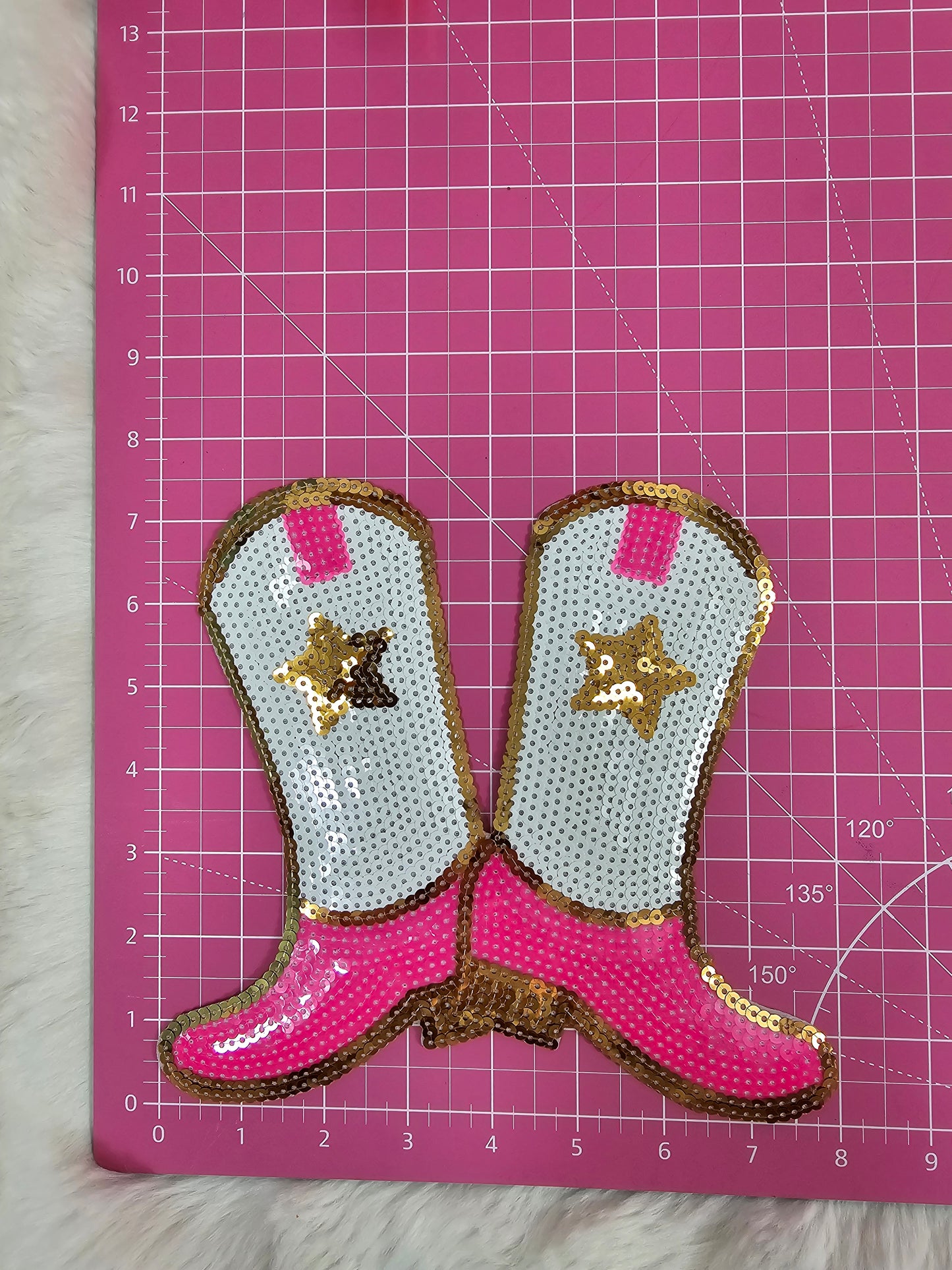 Pink White and Gold Star Sequin Pair of Cowgirl Boots Iron-on Patch