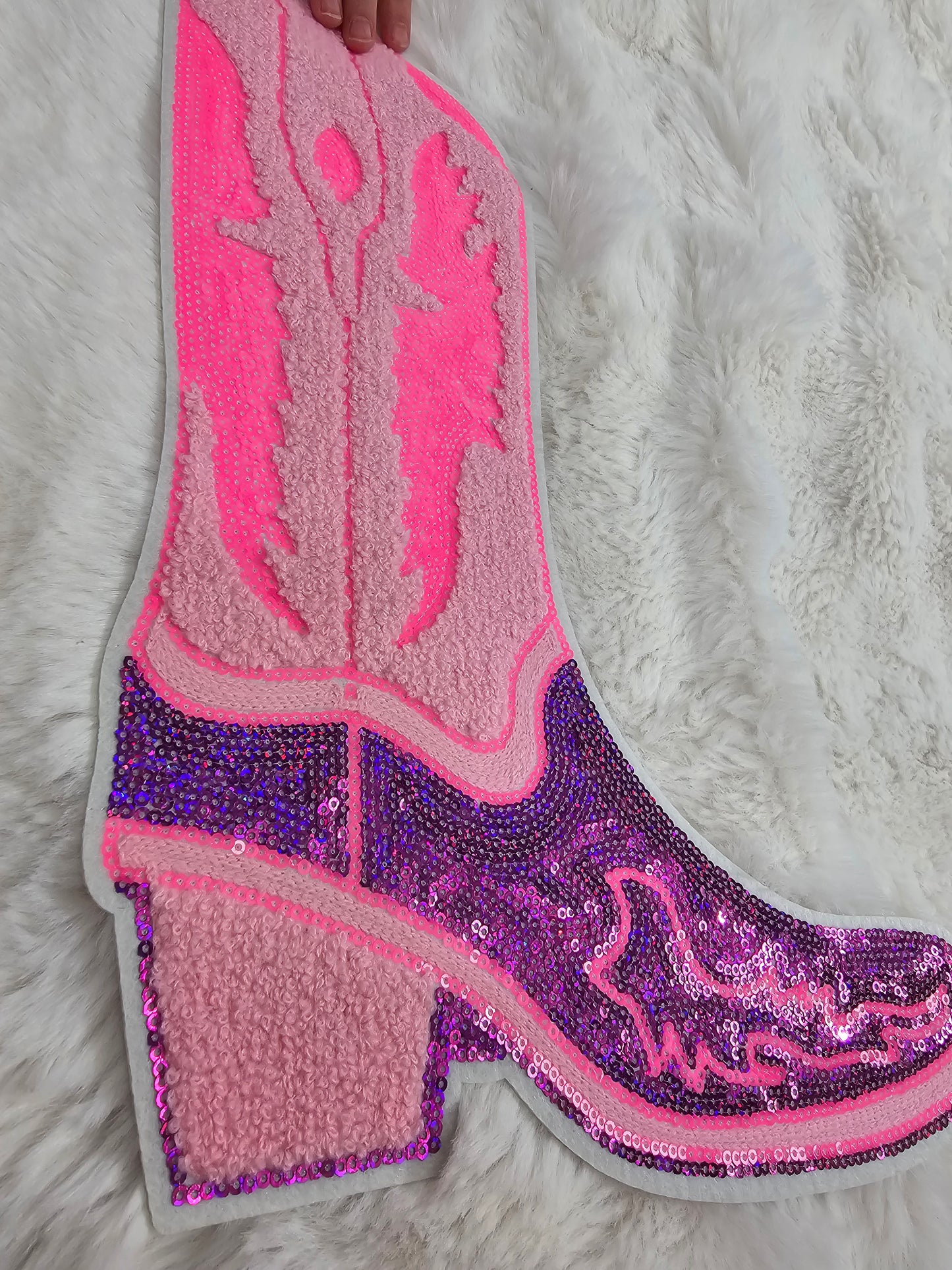 Cowgirl Boot Large Pink Chenille Purple & Hot Pink Sequin Iron-on Patch