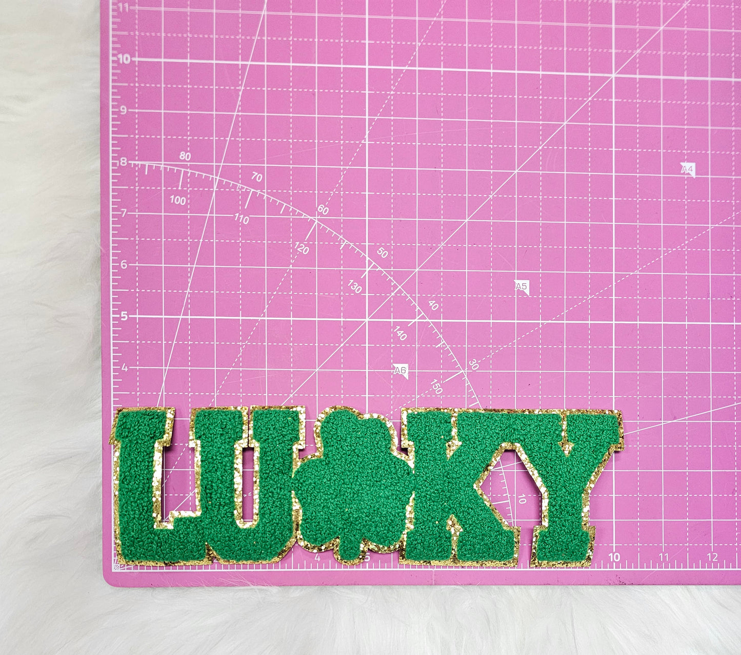 Large Green LUCKY with Shamrock Chenille Iron-on Patch