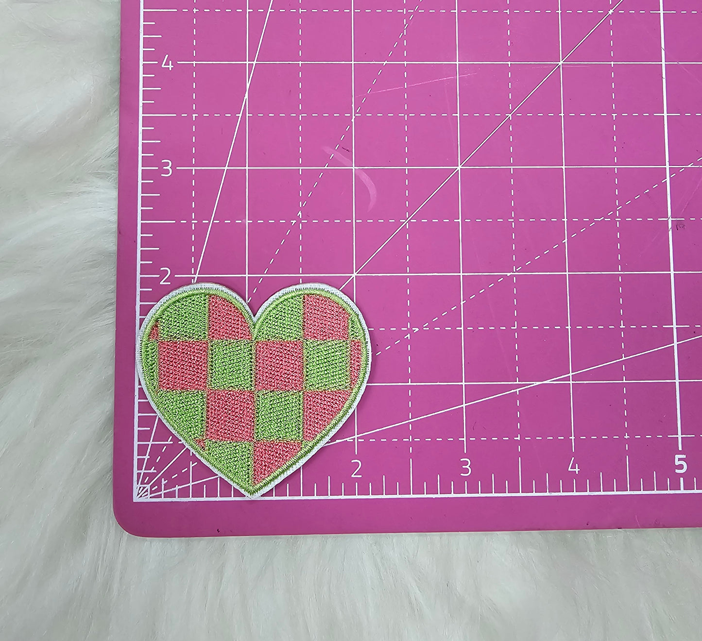 Checkered Green and Pink Heart Embroidery Iron On Patch