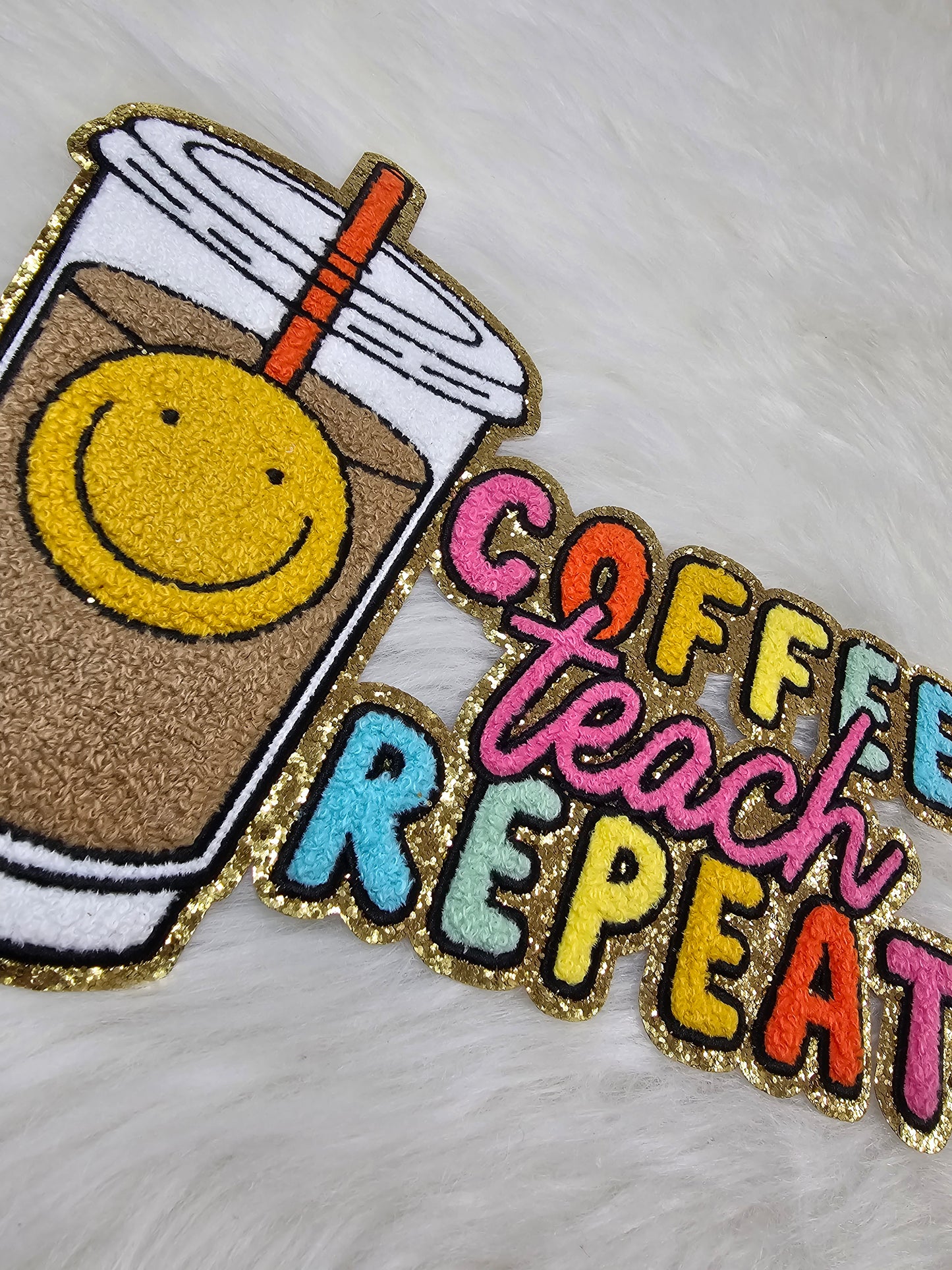 Large Coffee Teach Repeat Chenille Iron-on Patch