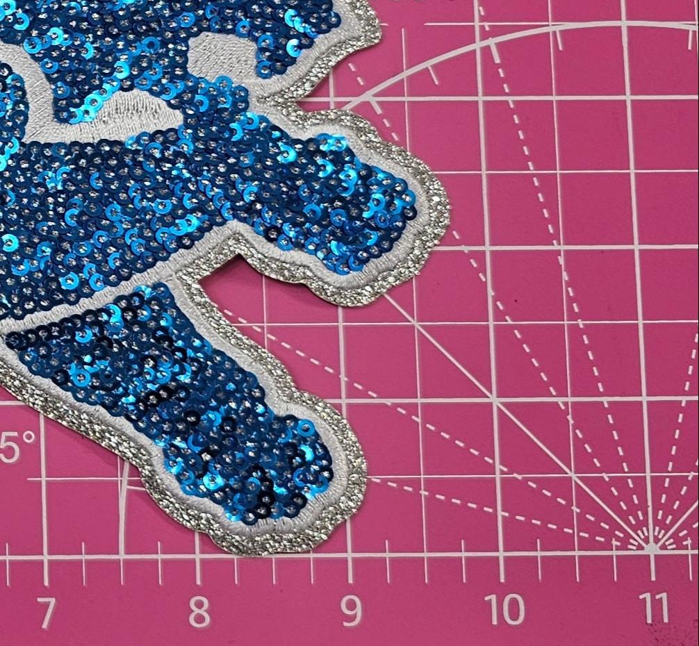 Blue Lion Mascot Sequin with Silver Glitter Large Iron On Patch