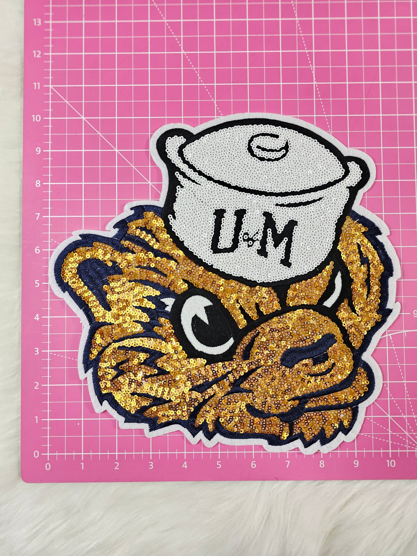 Large U of M Biff Retro Sailor Michigan Wolverine Sequin Mascot Iron On Patch