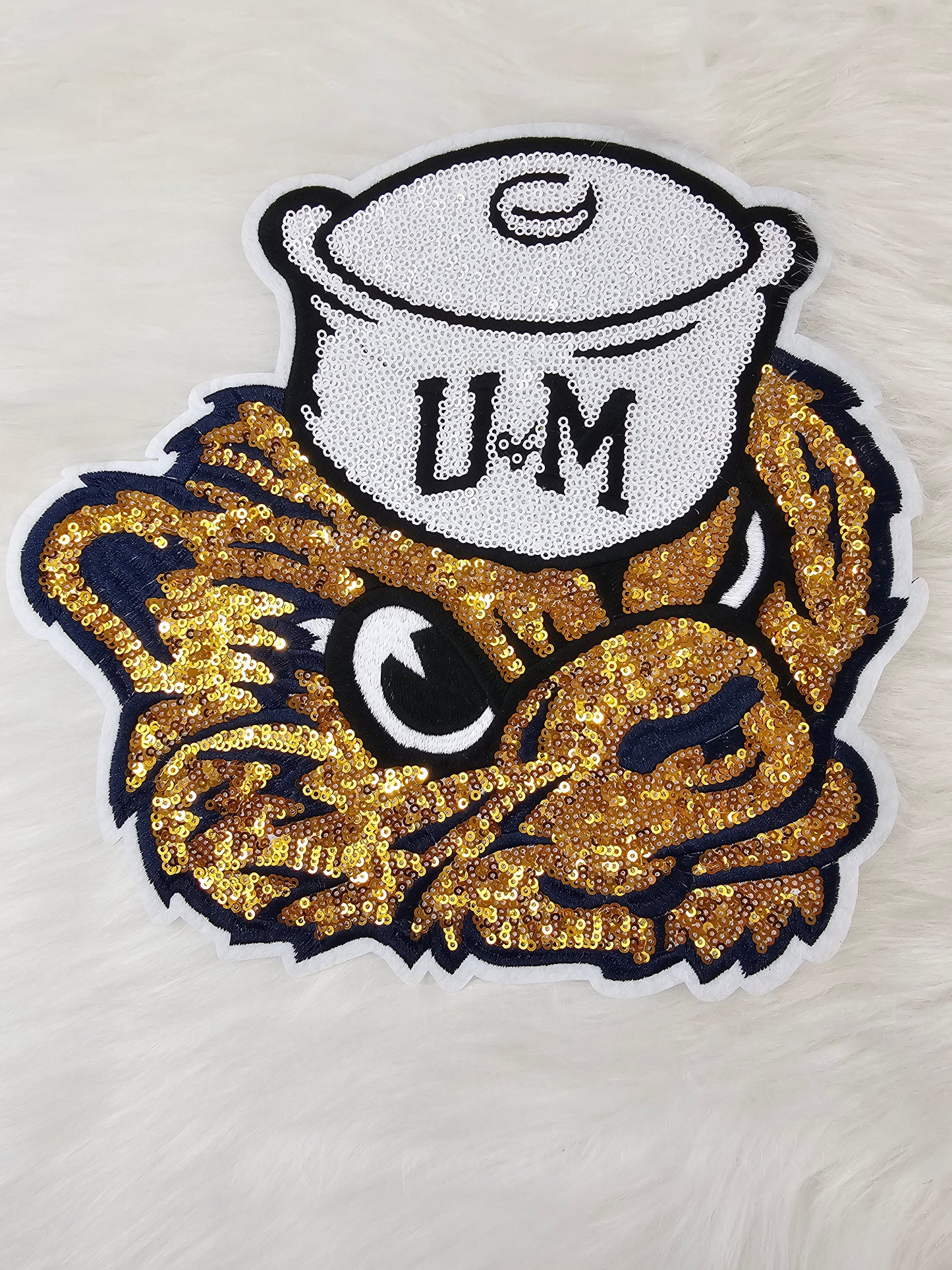 Large U of M Biff Retro Sailor Michigan Wolverine Sequin Mascot Iron On Patch