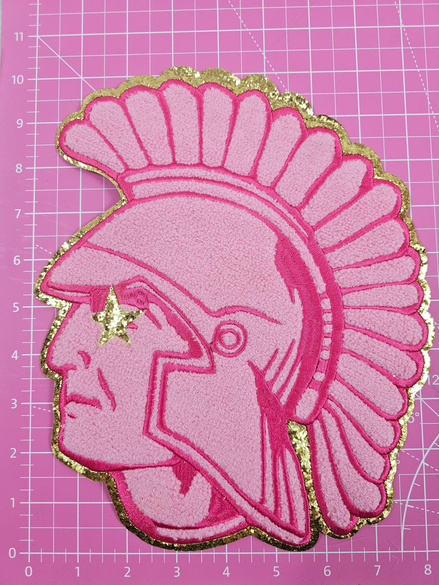 Hot Pink Trojan Spartan Mascot Left facing with Star Eye Large Chenille Iron-on Patch