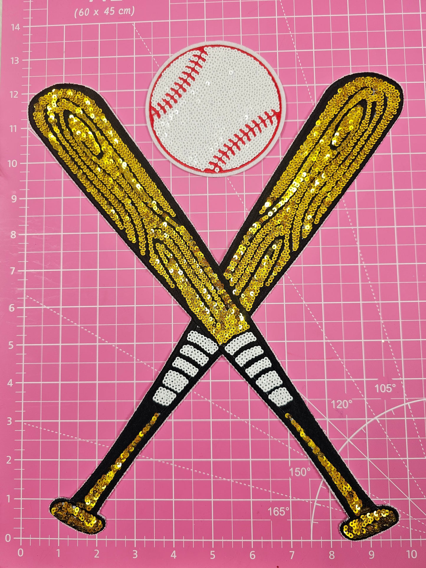 Large Sequin Bat with Baseball Iron On Patch