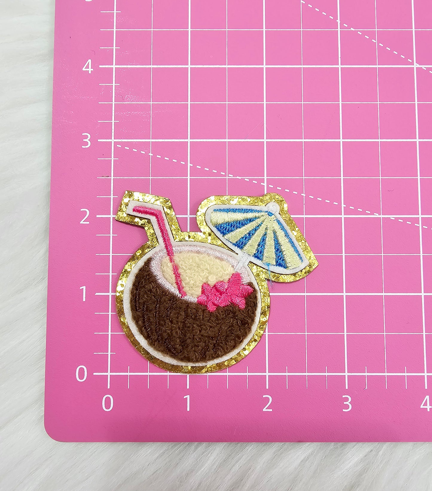 Tropical Coconut Drink Chenille with Gold Glitter Iron On Patch