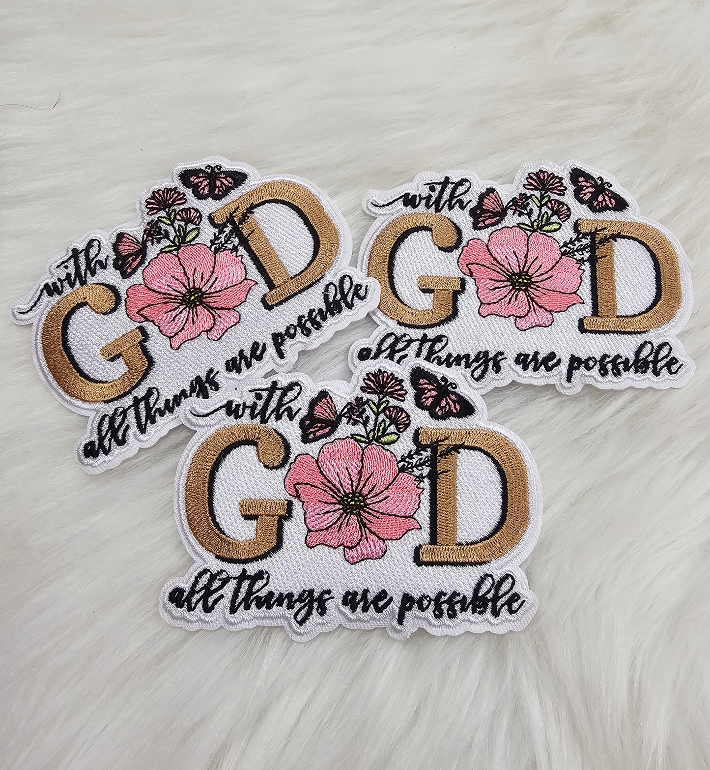 'With God All Things Are Possible' Butterfly Floral Woven Embroidery Iron On Patch