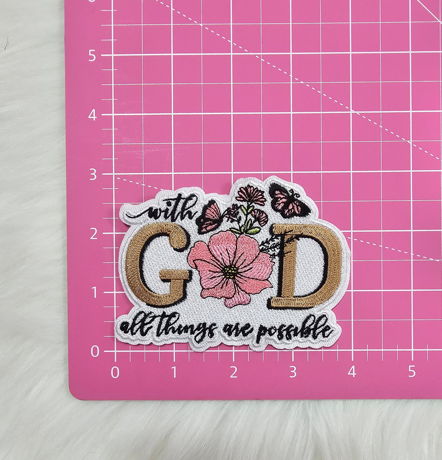 'With God All Things Are Possible' Butterfly Floral Woven Embroidery Iron On Patch