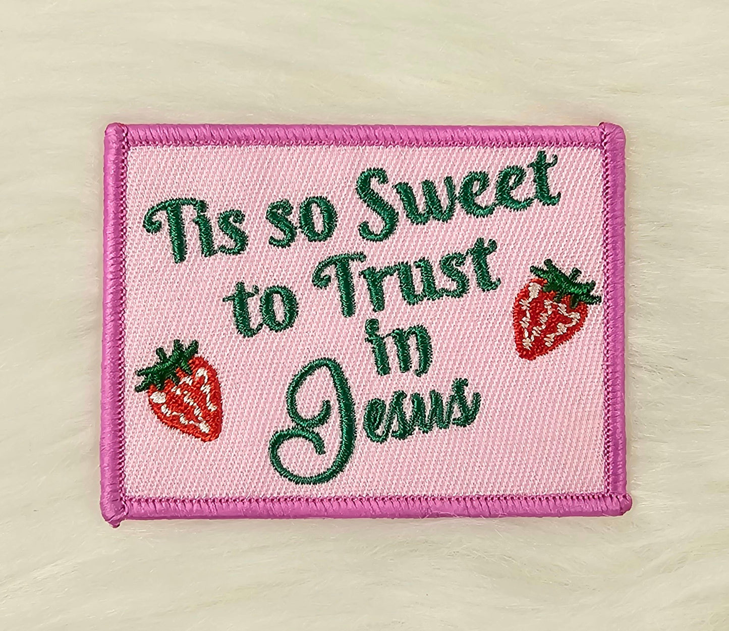 'Tis So Sweet To Trust In Jesus' Strawberry Christian Woven Embroidery Iron On Patch