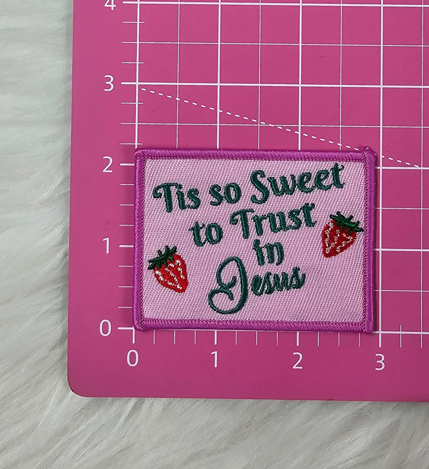 'Tis So Sweet To Trust In Jesus' Strawberry Christian Woven Embroidery Iron On Patch