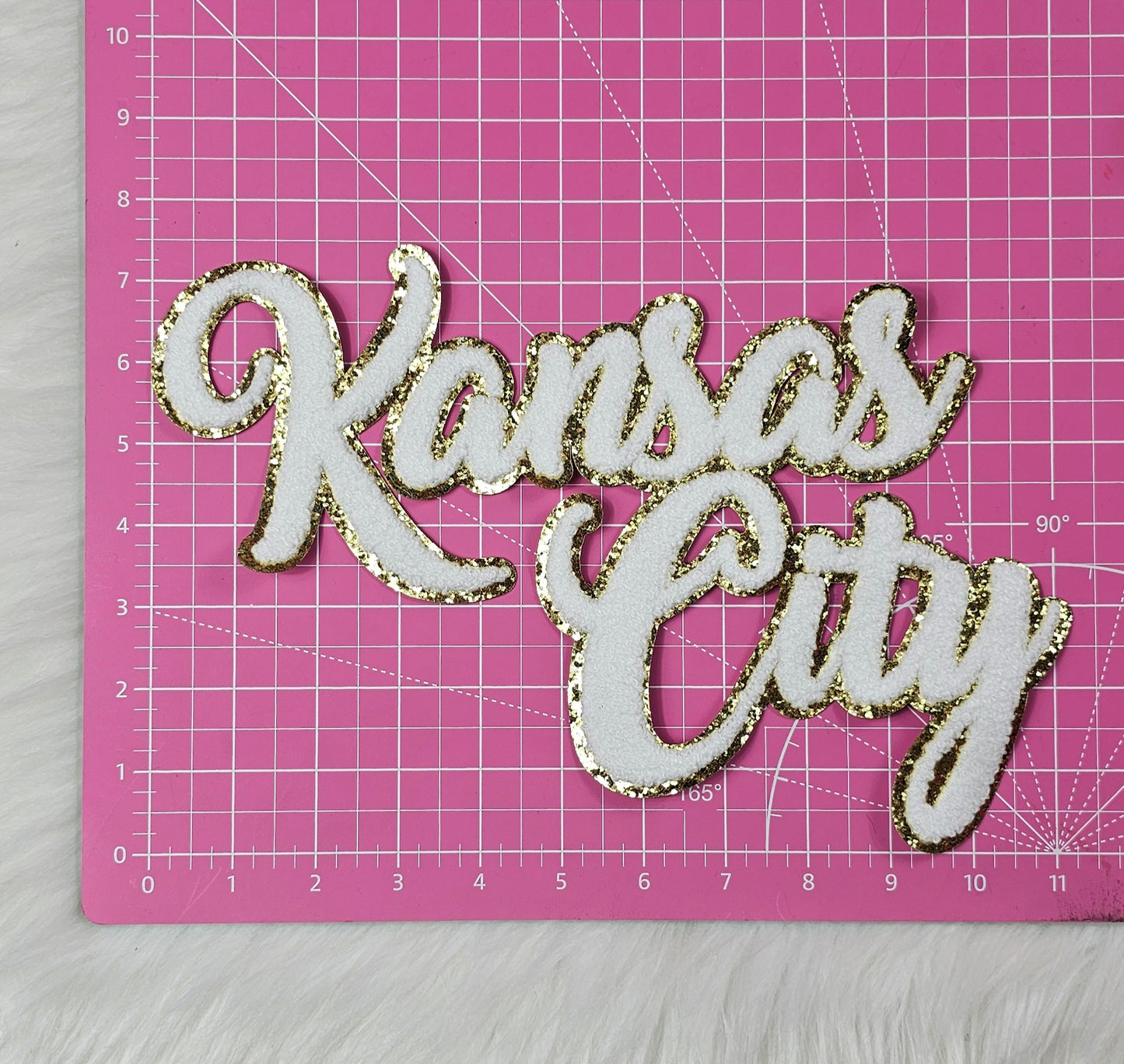 Large White Cursive Kansas City Chenille Iron-on Glitter Patch