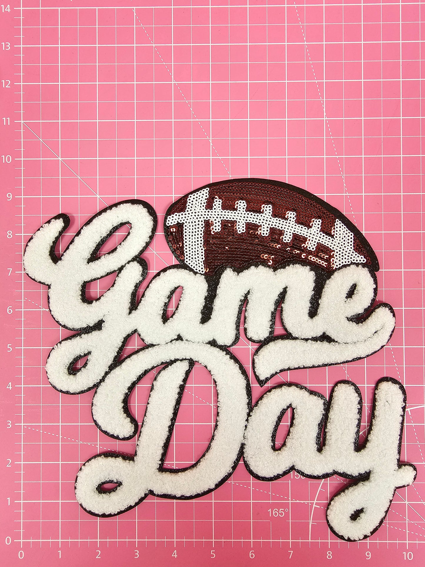 Large White Sequin Football Game Day Chenille Iron-on Black Glitter Patch