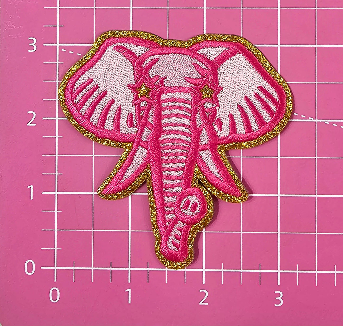 Small Hot Pink Elephant Gold Glitter Mascot with Star Eyes Embroidery Iron On Patch